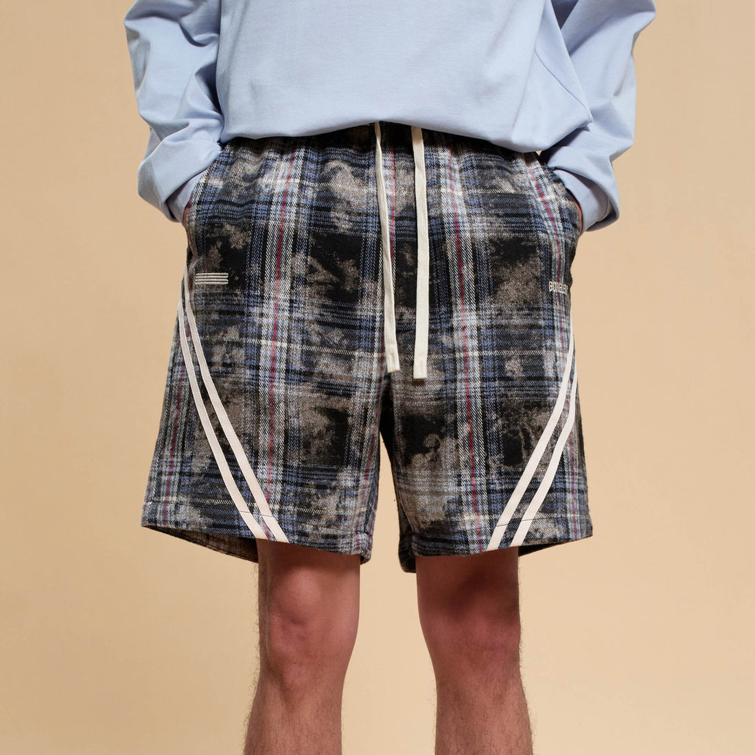 BONELESS Plaid Distressed Drawstring Shorts-Shorts-S-Blue-Free Shipping Leatheretro