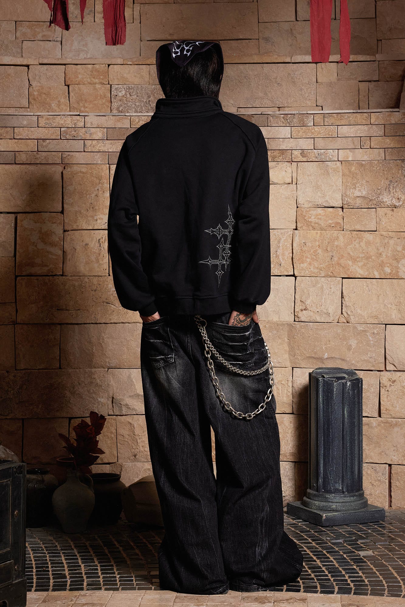 DND4DES Cross Spray-Paint Embroidered Polo Sweatshirt-Sweatshirt-S-Free Shipping Leatheretro