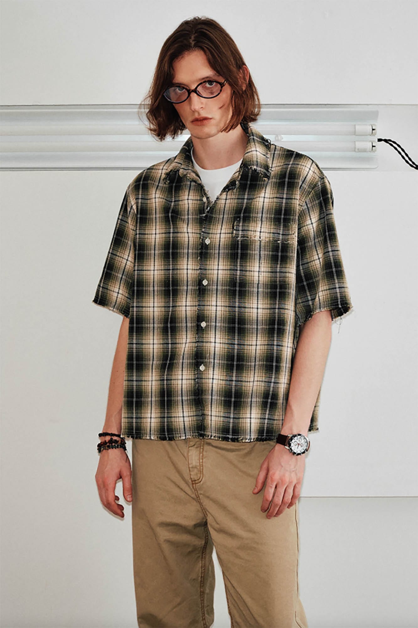 KREATE Frayed Tie-Dye Plaid Half Shirt-Half shirt-S-Pink-Free Shipping Leatheretro
