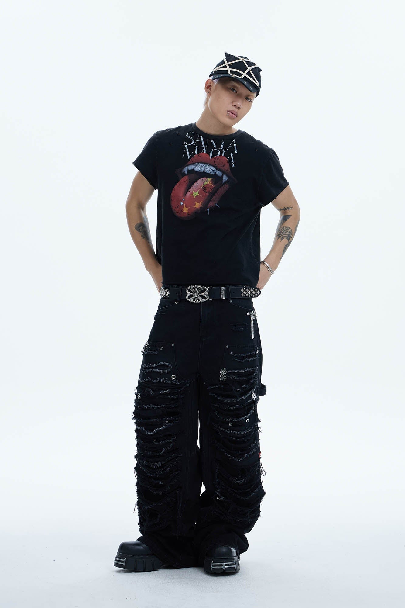 DND4DES Shredded Rivet-Paneled Baggy Jeans-Jeans-XS-Free Shipping Leatheretro