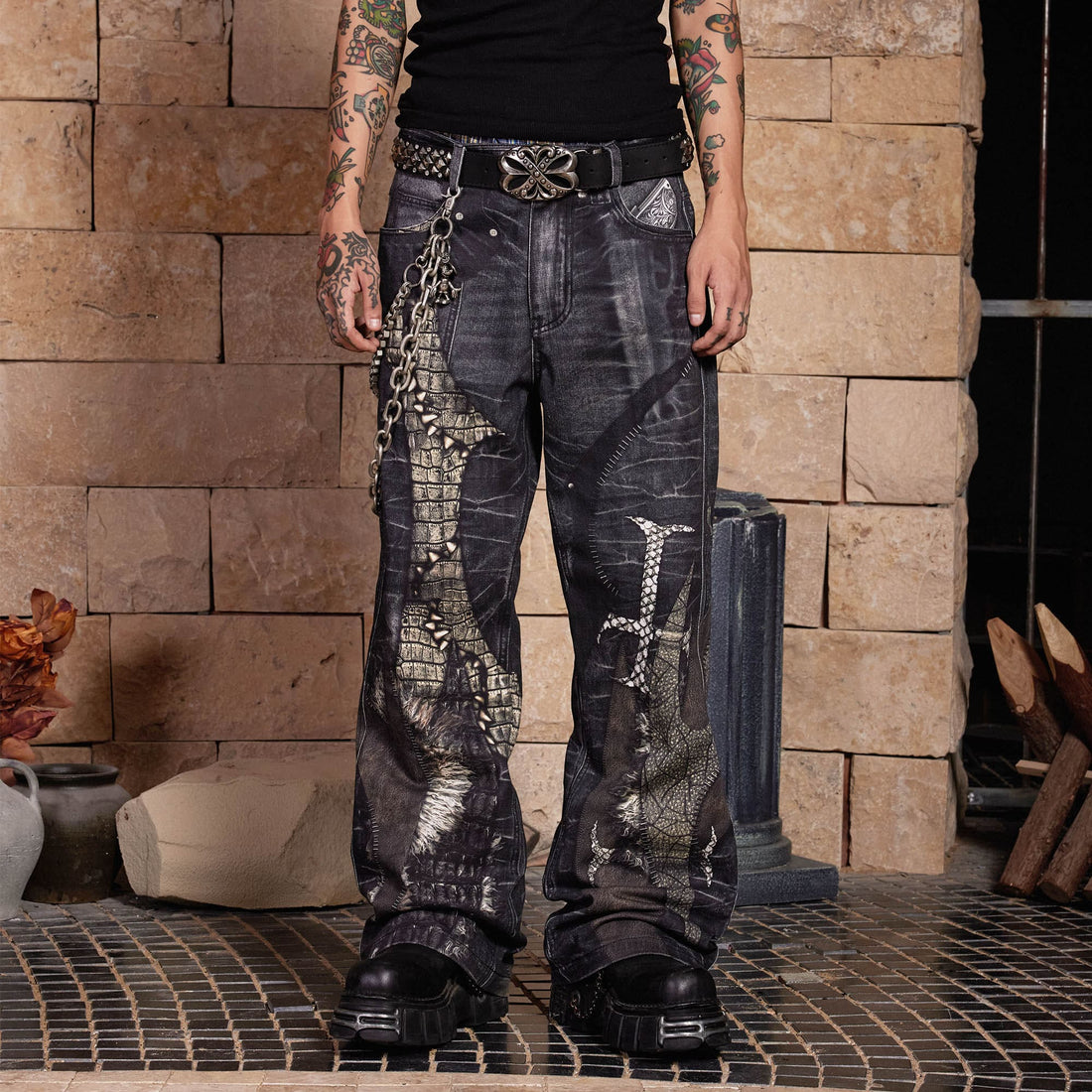 DND4DES Cross Crocodile Spliced Flared Jeans-Jeans-S-Free Shipping Leatheretro