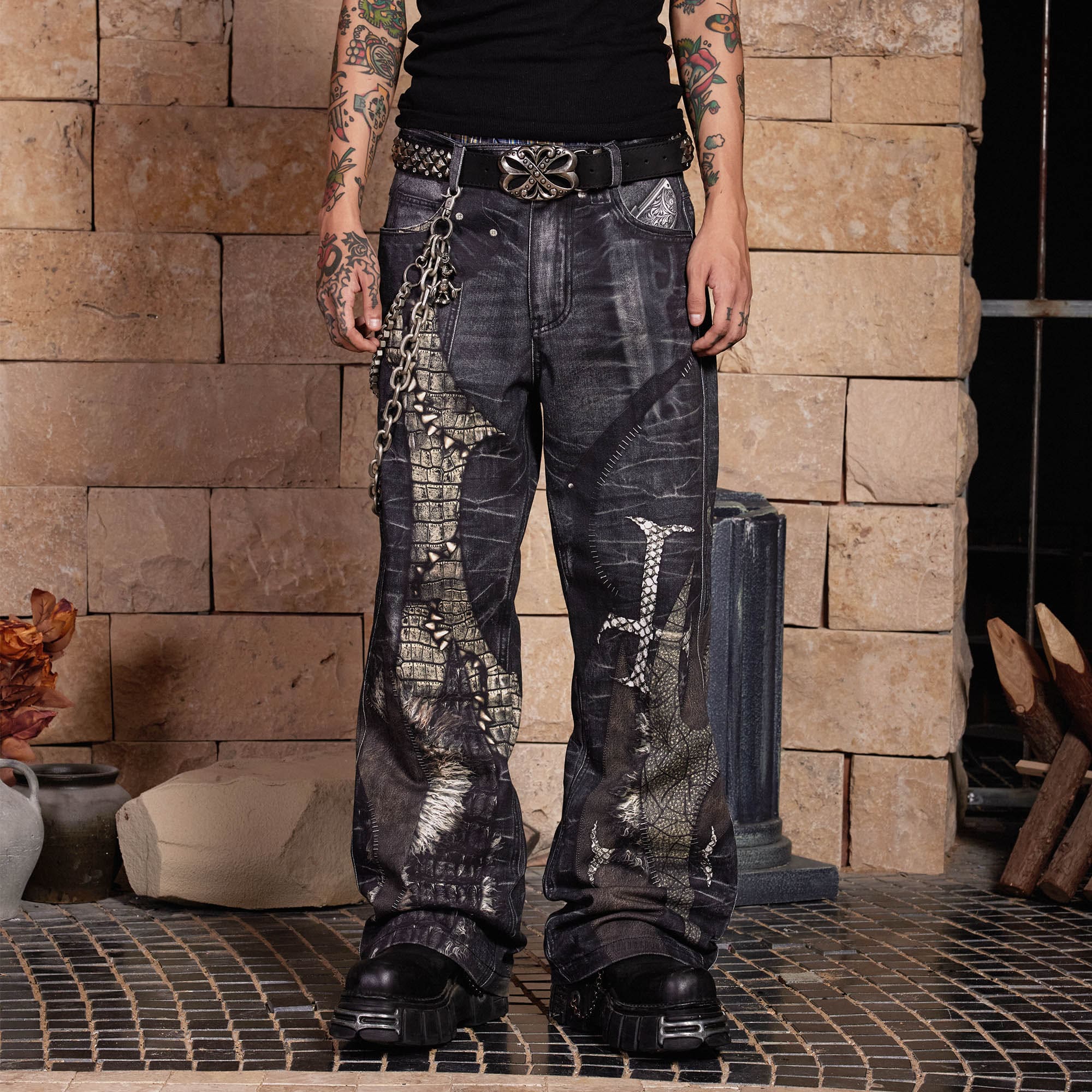 DND4DES Cross Crocodile Spliced Flared Jeans-Jeans-S-Free Shipping Leatheretro