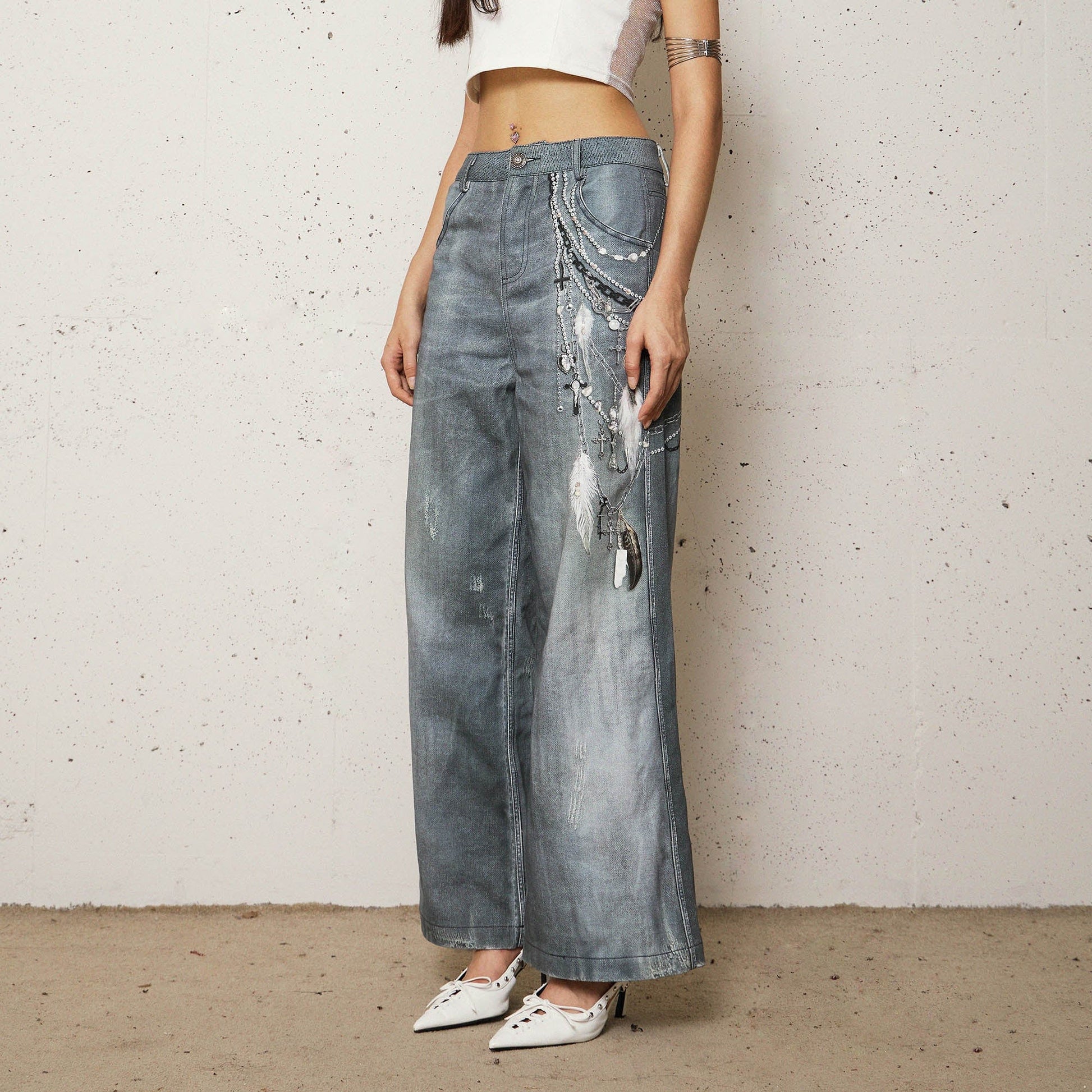 DND4DESxFaychui Pearl Chain Graphics Distressed Flared Jeans-Jeans-XS-Free Shipping Leatheretro