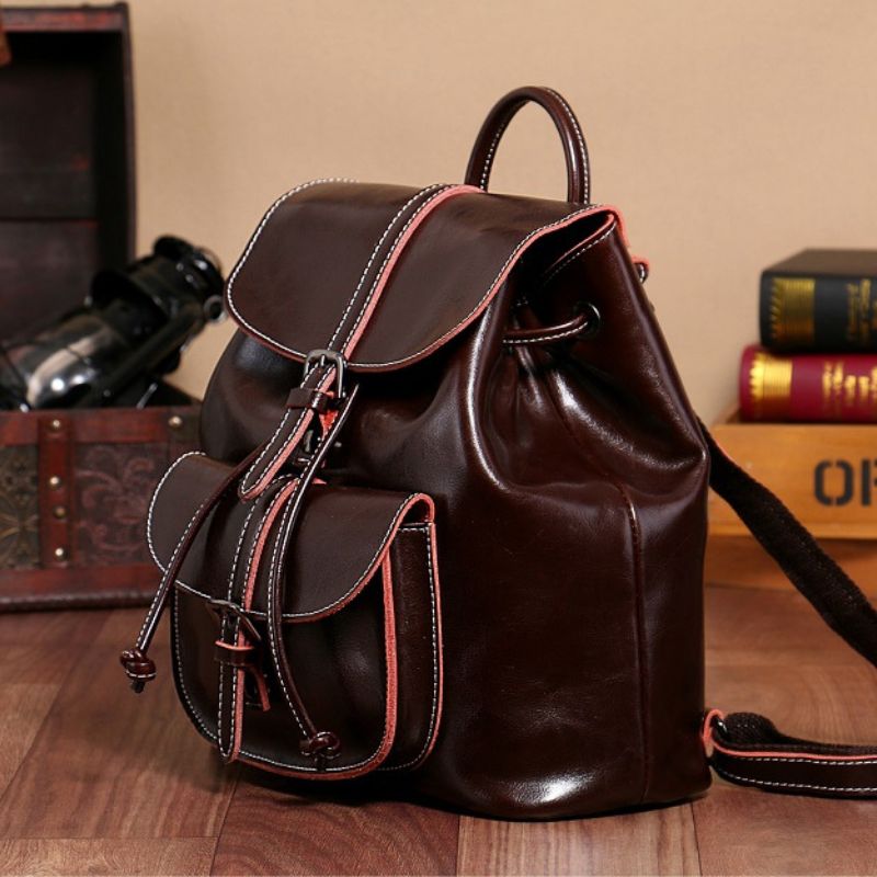 Genuine Waxed Leather Drawstring Backpack for Women-Backpacks-Brown-Free Shipping Leatheretro