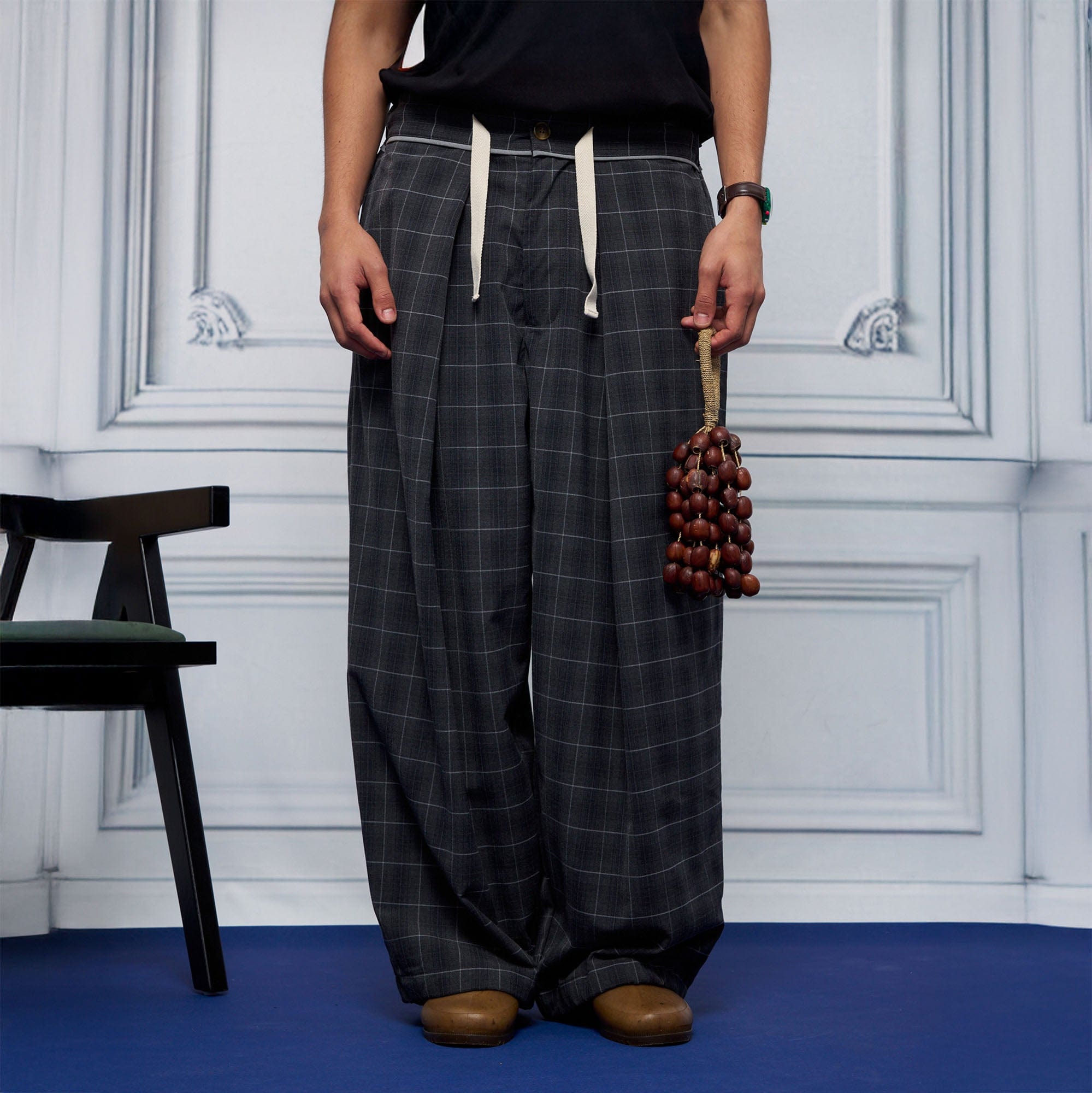 UNLIMITED MOTE Pleated Drawstring Wide-Leg Pants-Pants-S-Check-Free Shipping Leatheretro