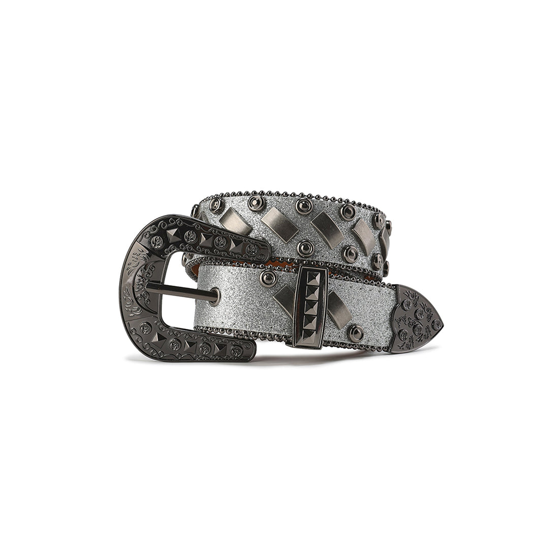 CYCYCY Bar Studded Filigree Leather Belt Gray-Accessories-One Size-Free Shipping Leatheretro