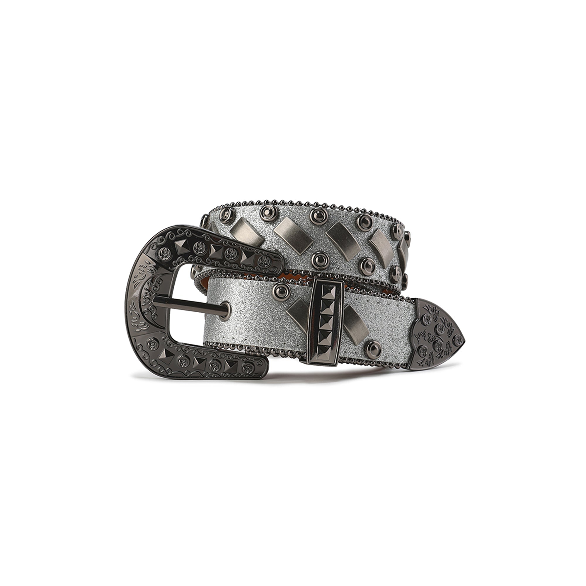 CYCYCY Bar Studded Filigree Leather Belt Gray-Accessories-One Size-Free Shipping Leatheretro