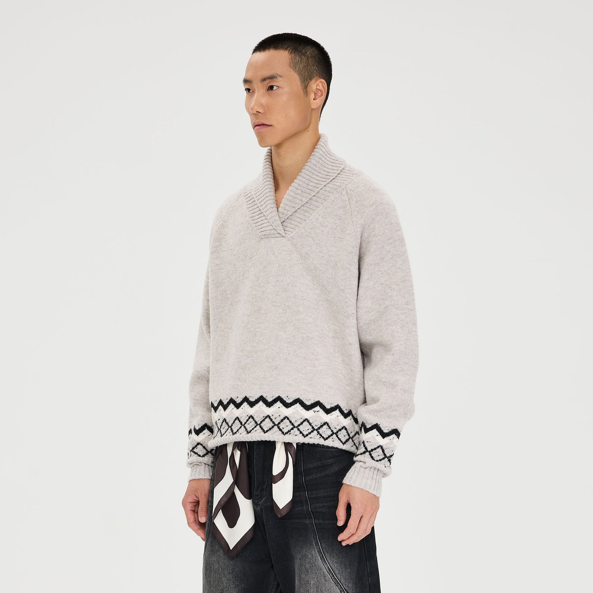 CATSSTAC Nordic Pattern Hem Shawl Collar Sweater-Sweater-M-Gray-Free Shipping Leatheretro