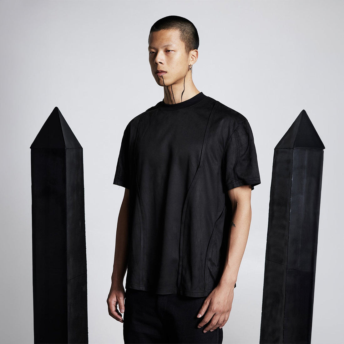 SSIN7 Suede Arc Spliced T-Shirt-T Shirt-S-Black-Free Shipping Leatheretro