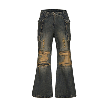CYCYCY Distressed Big-Pocket Flared Jeans-Jeans-XXS / 27"-Free Shipping Leatheretro