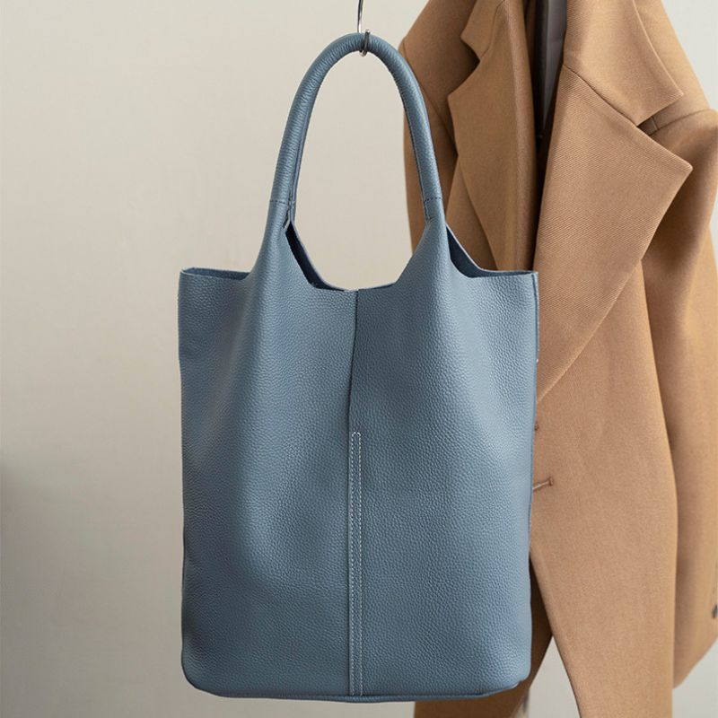 Real Leather Shopper Tote Bag-Tote Bag-Khaki-Free Shipping Leatheretro