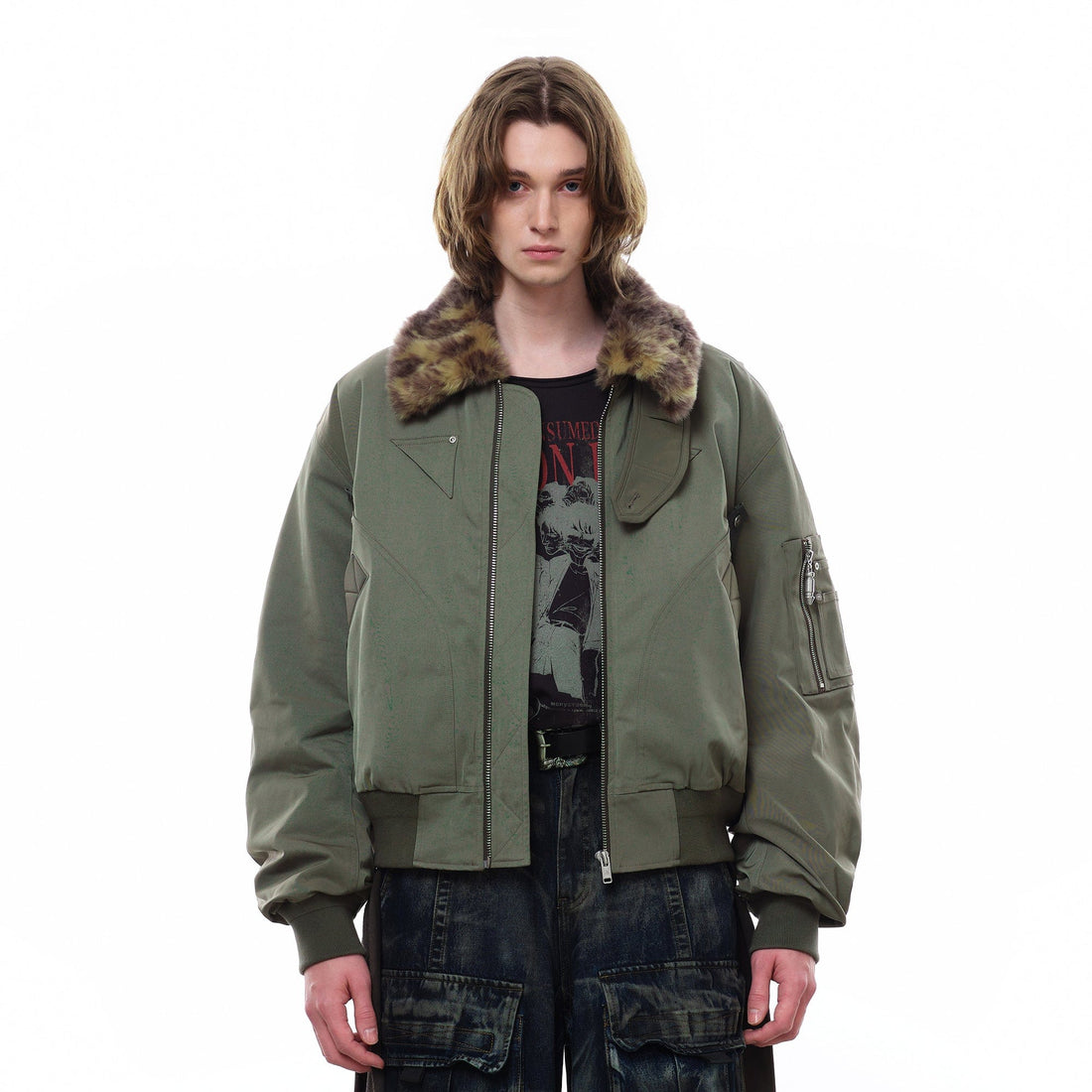 FACEONLAB Fleece-Lined B-15 BOMBER Jacket Green-Jacket-M-Free Shipping Leatheretro