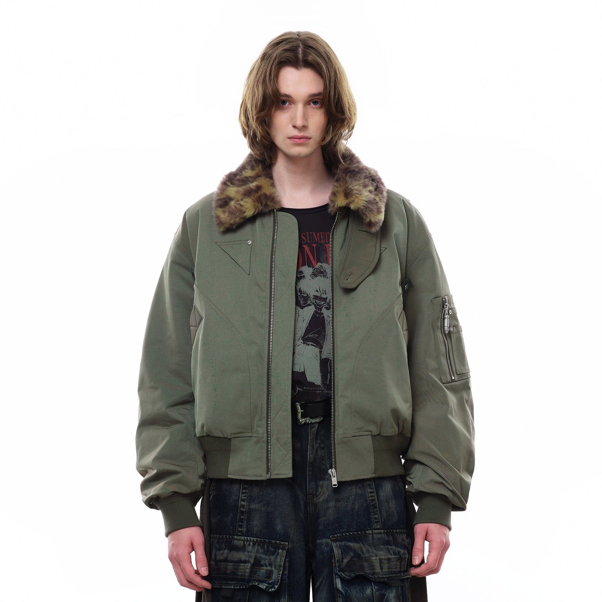 FACEONLAB Fleece-Lined B-15 BOMBER Jacket Green-Jacket-M-Free Shipping Leatheretro