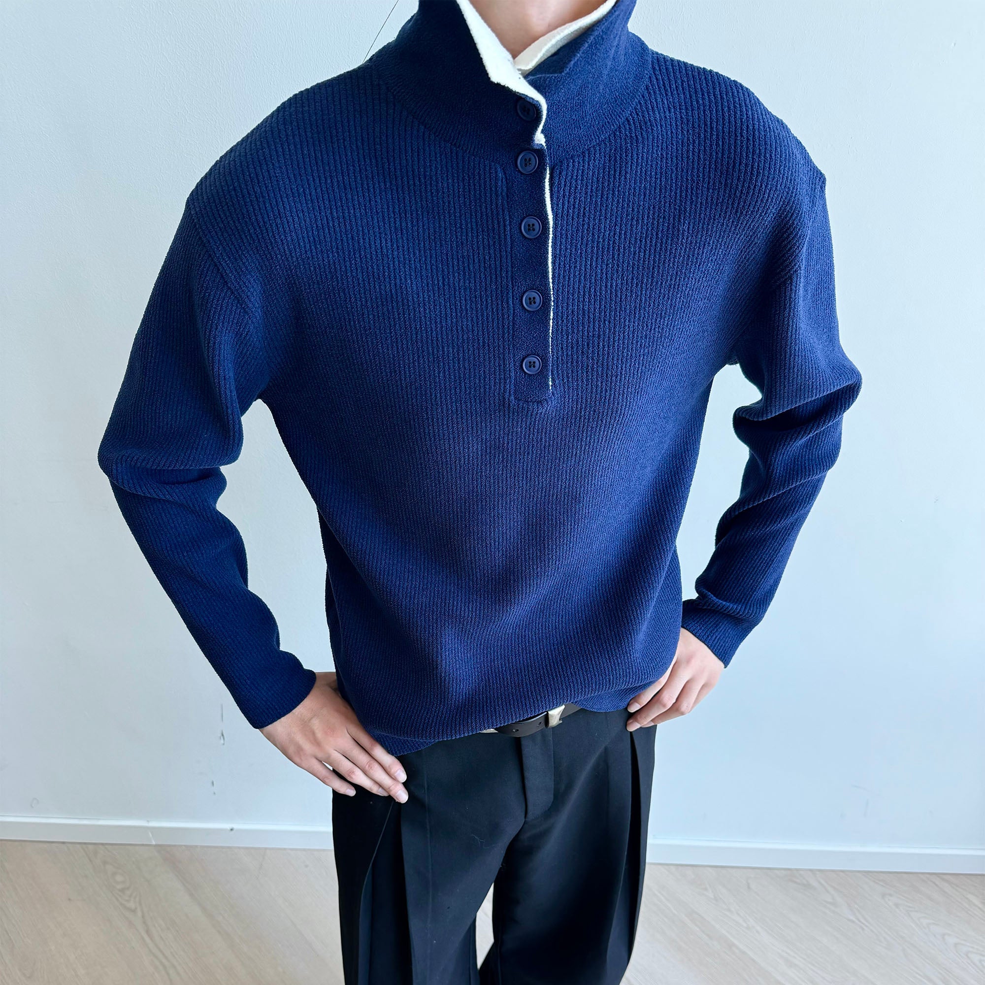 KREATE Contrast Layered Collar Ribbed Sweater-Sweater-S-Dark Blue-Free Shipping Leatheretro