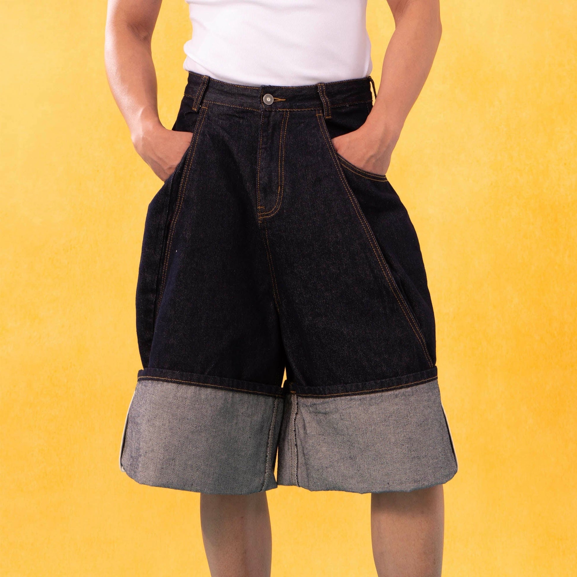 CLP Folded-Hem Spliced Denim Shorts-Shorts-M-Free Shipping Leatheretro