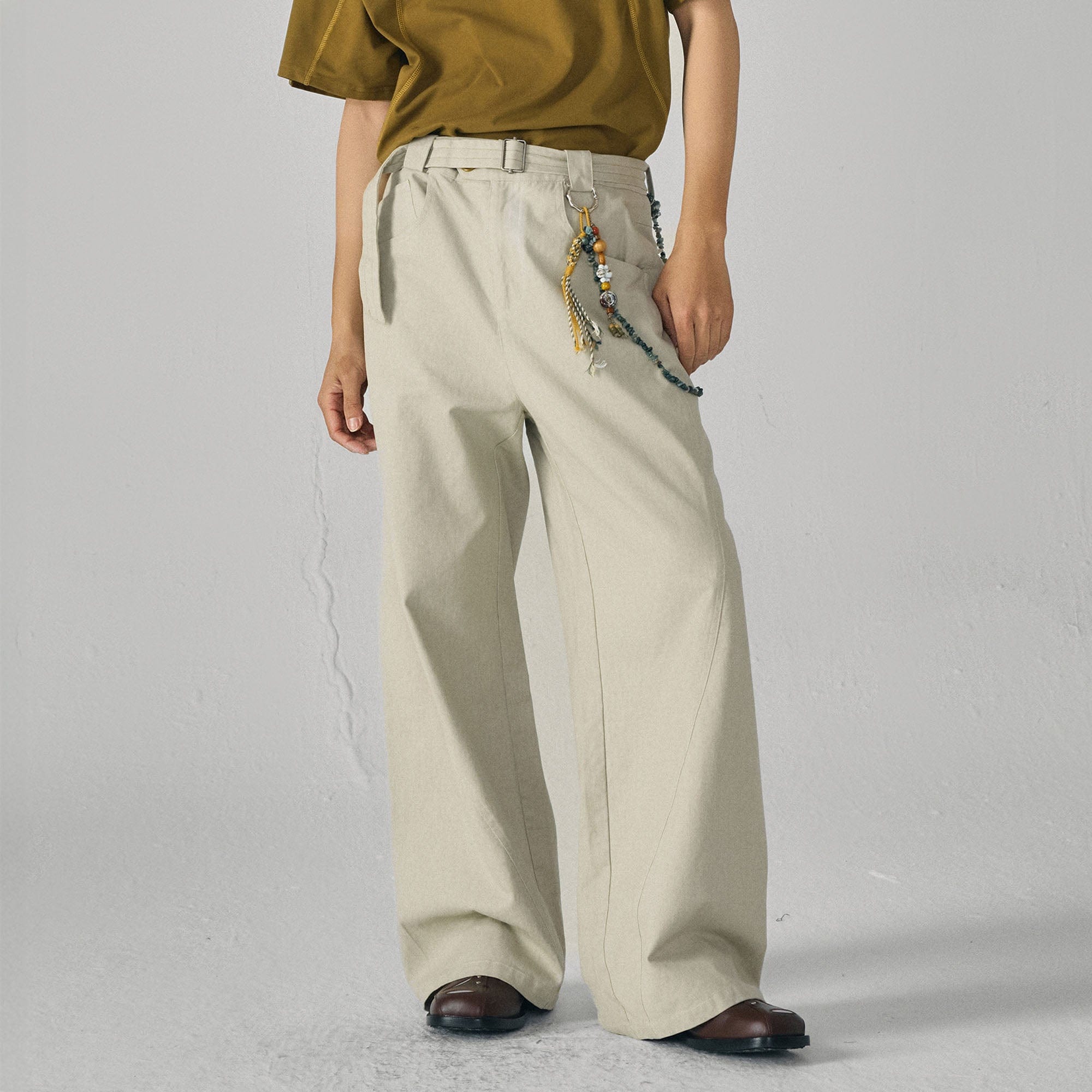 GONGHE REPUB Arc Spliced Strap Belt Pants-Pants-XS-White-Free Shipping Leatheretro