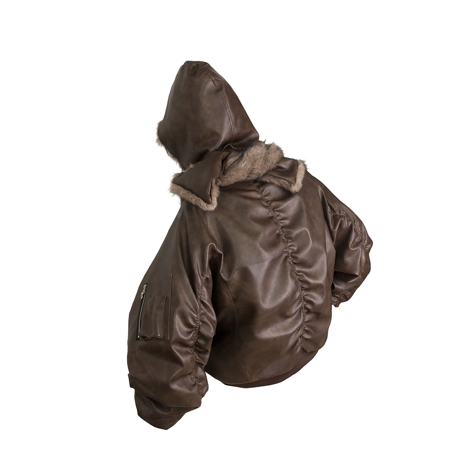 RELABEL Detachable Plush Scarf Ruched Hooded Jacket Brown-Jacket-XS (Preorder)-Free Shipping Leatheretro