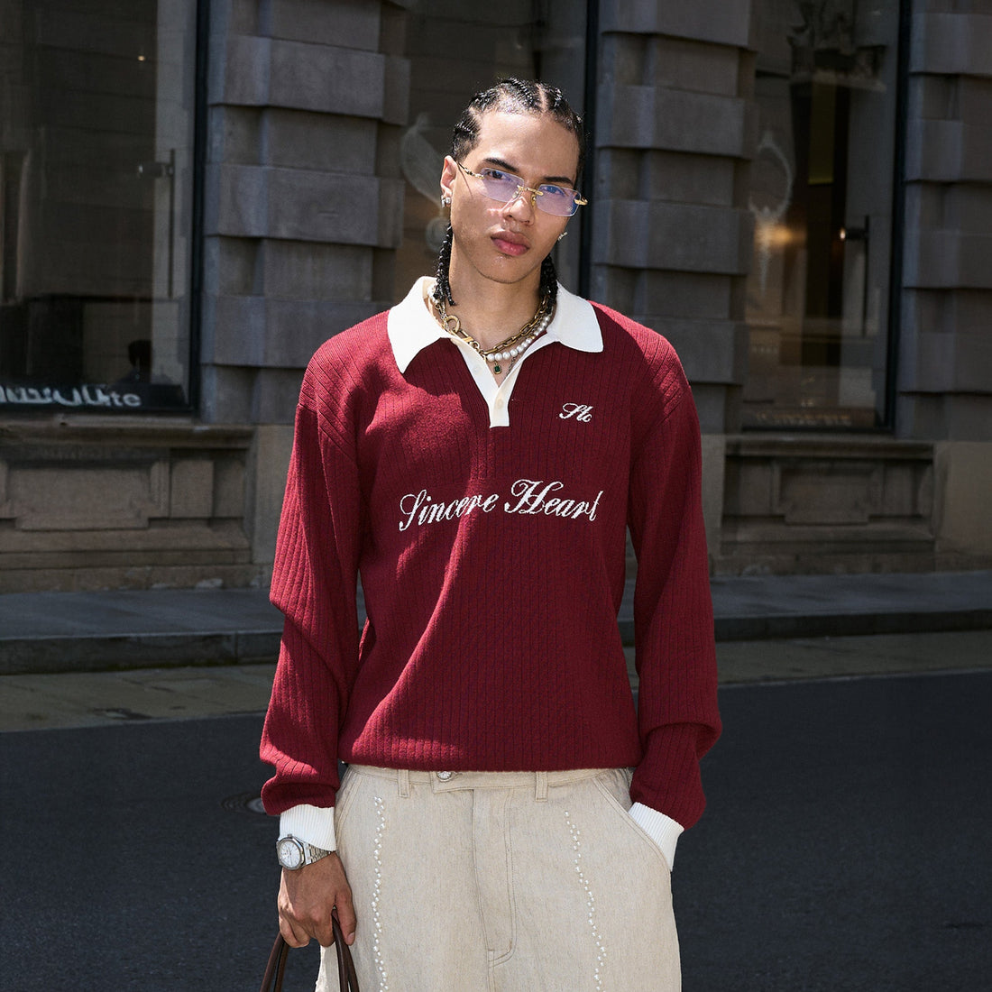 STEEPC Contrast Collar Polo Sweater-Sweater-S (1)-Red-Free Shipping Leatheretro