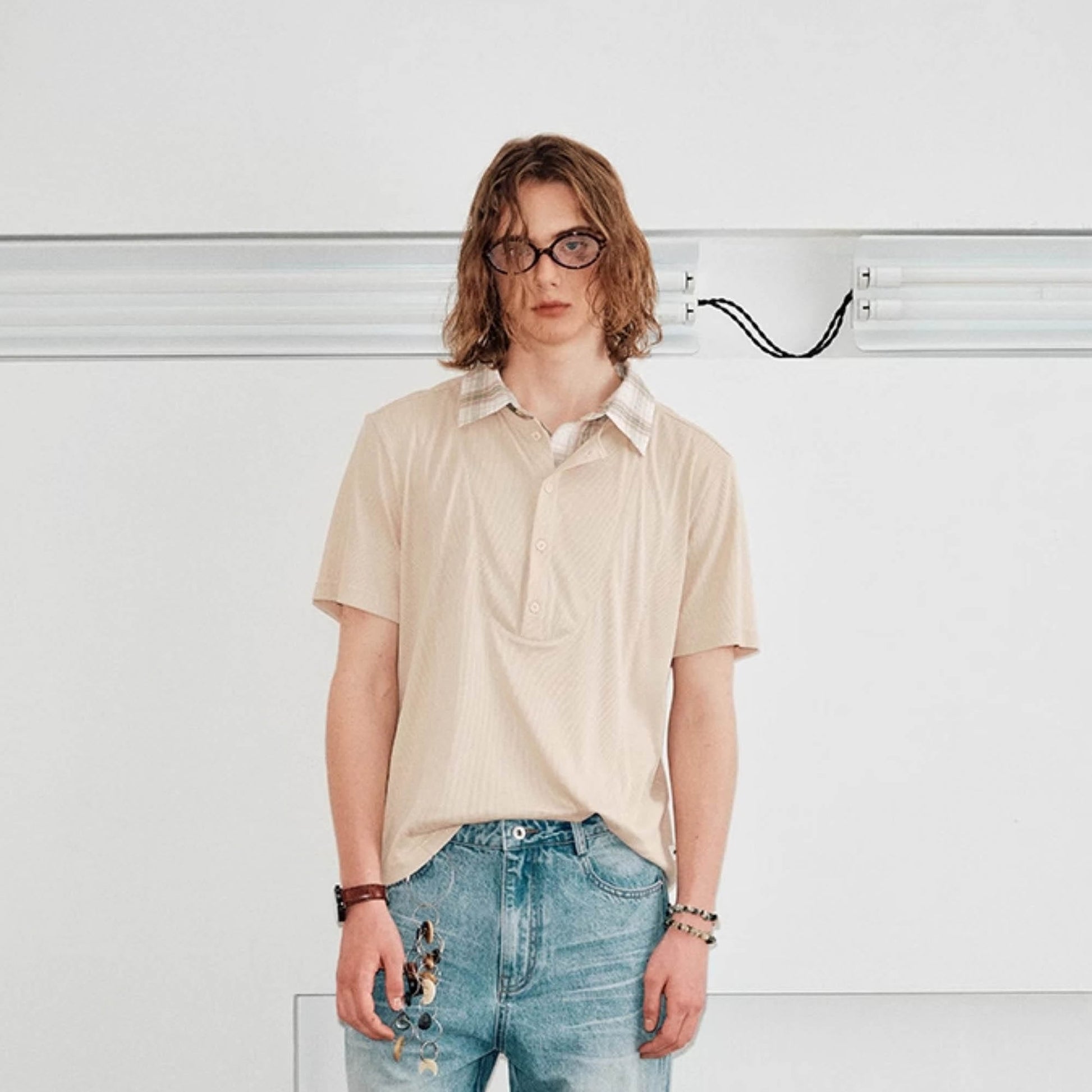 KREATE Layered Plaid Collar Polo T-Shirt-T Shirt-S-Apricot-Free Shipping Leatheretro