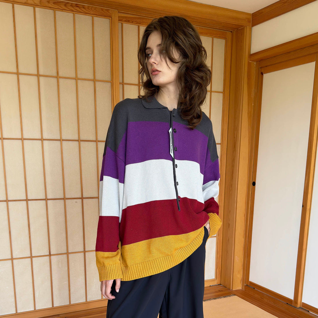 MIICHOUS Nature Magazine Wide-Stripe Polo Sweater-Sweater-S-Grey-Free Shipping Leatheretro
