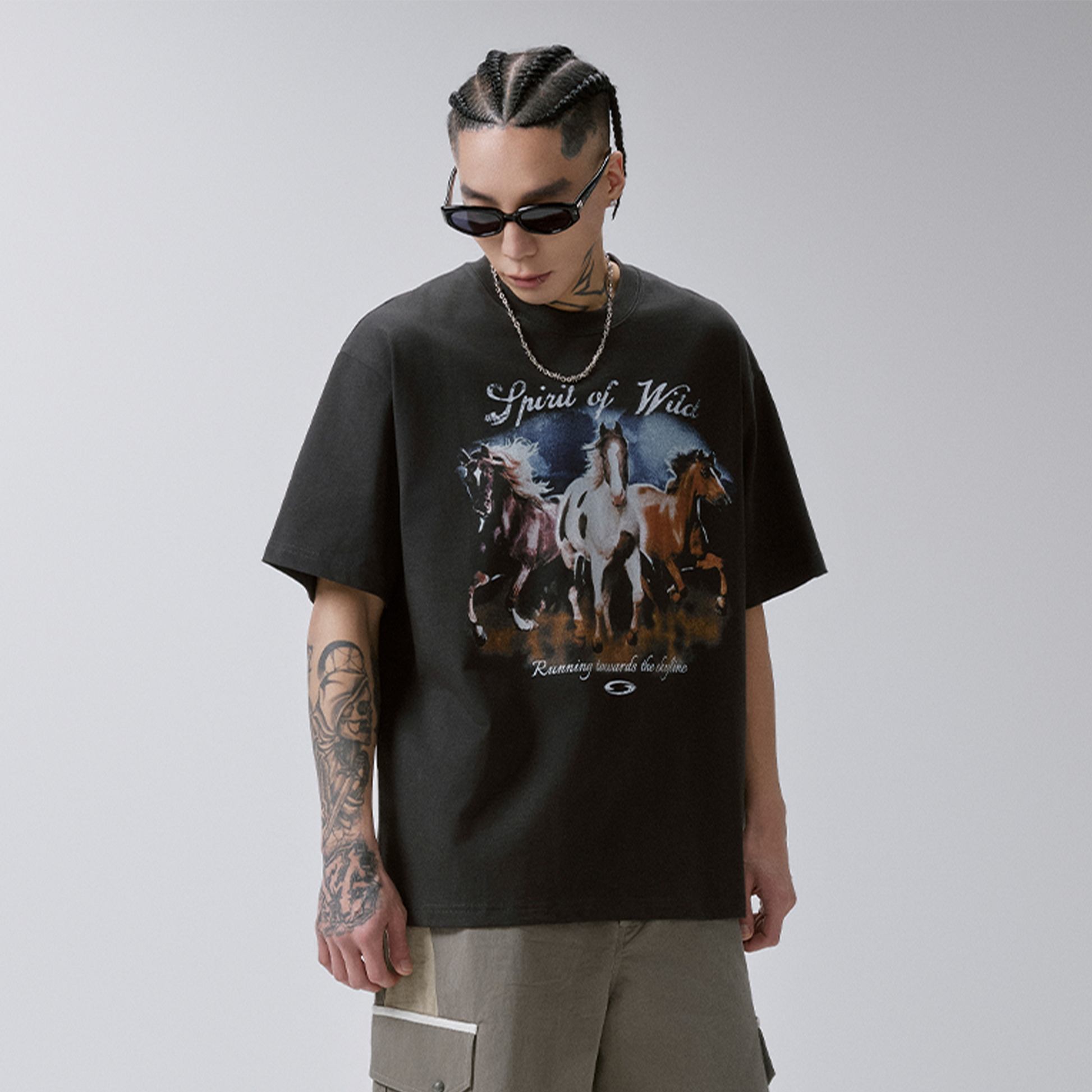 F2CE Washed Retro Horse Graphic T-Shirt-T Shirt-S-Free Shipping Leatheretro