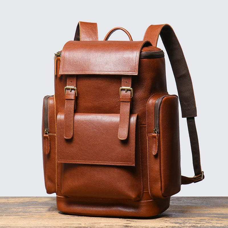 Cowhide Leather Backpack – High-Capacity Men’s Travel, Hiking & Laptop Satchel Bag-Backpacks-Brown-Free Shipping Leatheretro