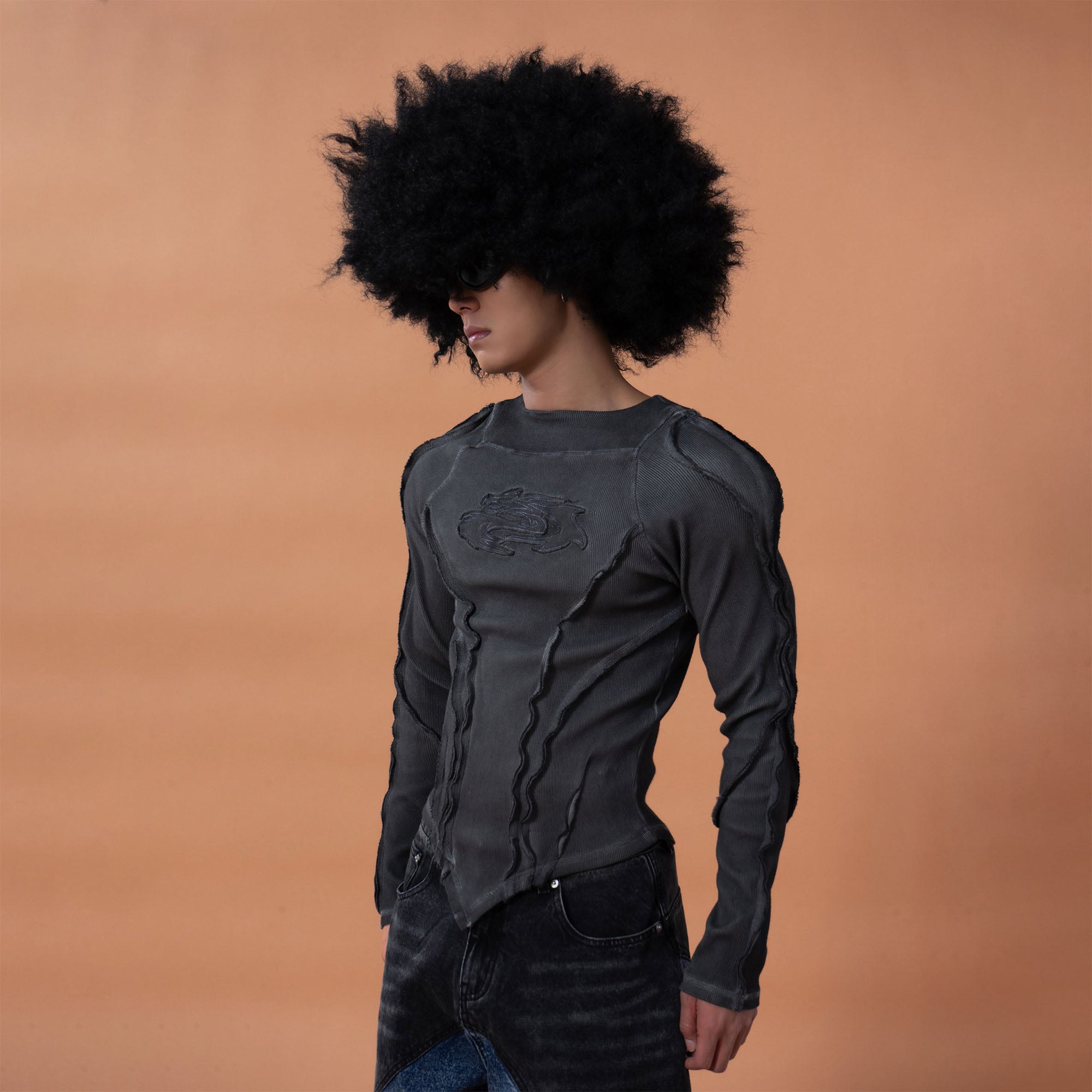 CLP Distressed Raw-Seam Paneled Long-Sleeve Tee-L/S Tee-M (Preorder)-Dark Gray-Free Shipping Leatheretro