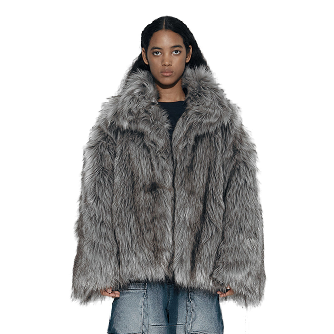 VANN VALRENC¨¦ Plush-Collar Volume-Fit Faux Fur Coat-Jacket-XS-Gray-Free Shipping Leatheretro