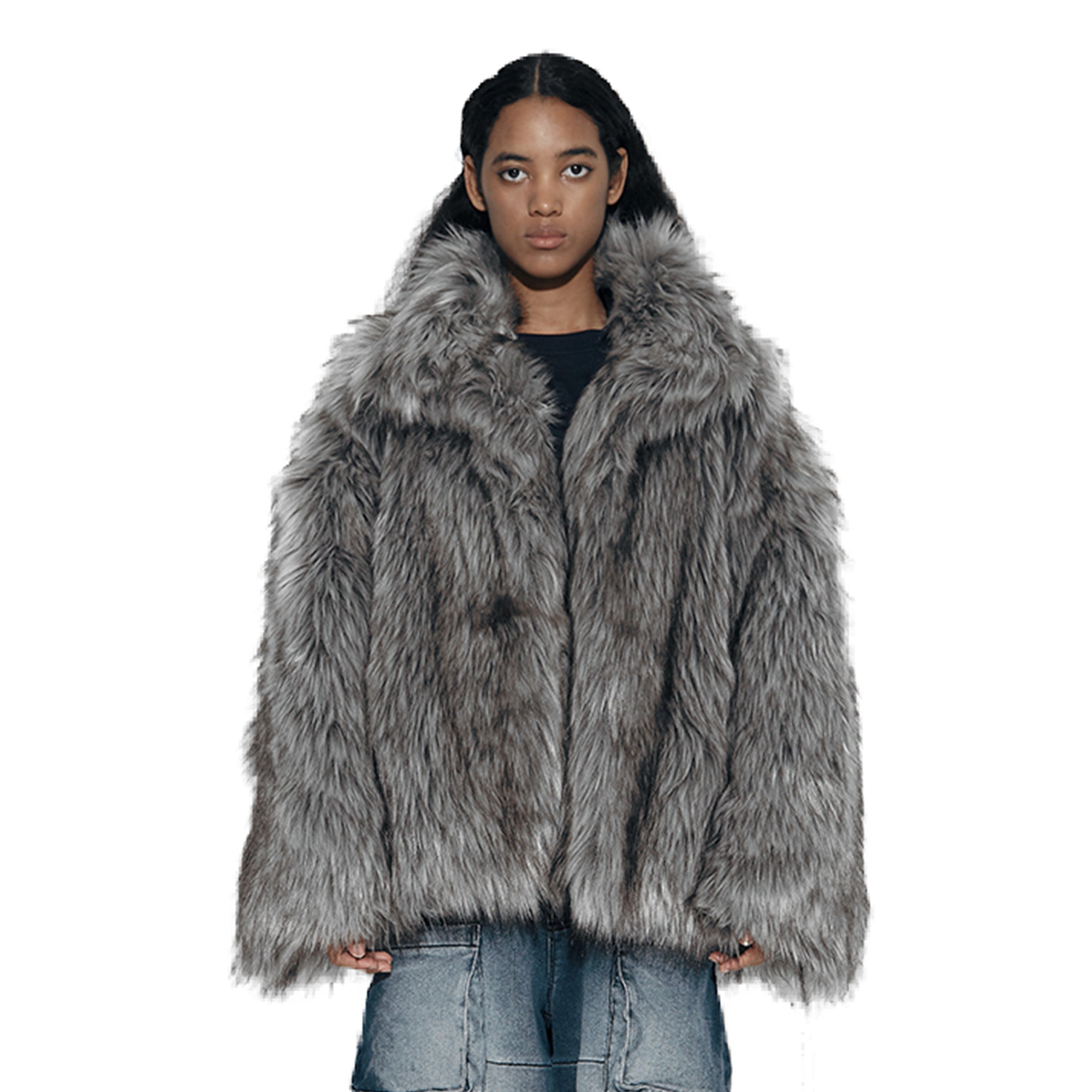 VANN VALRENC¨¦ Plush-Collar Volume-Fit Faux Fur Coat-Jacket-XS-Gray-Free Shipping Leatheretro