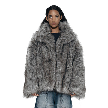 VANN VALRENC¨¦ Plush-Collar Volume-Fit Faux Fur Coat-Jacket-XS-Gray-Free Shipping Leatheretro