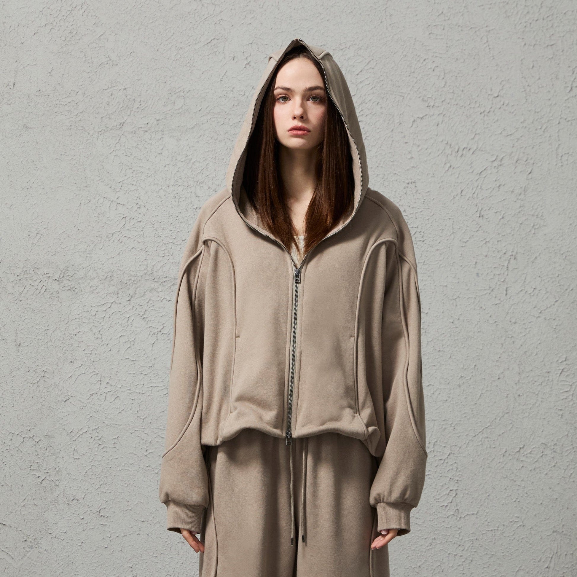 ORGANIC EMOTION Curved Panel Drawstring-Hem Zip-Up Hoodie-Jacket-Khaki-S-Free Shipping Leatheretro