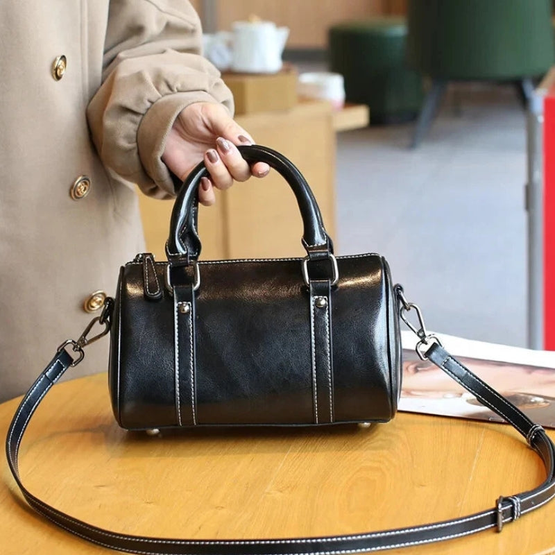 Cortex Lady Casual Zip Crossbody Bag - Top Grain Leather Cylinder Bag-Crossbody Bag-Black-Free Shipping Leatheretro