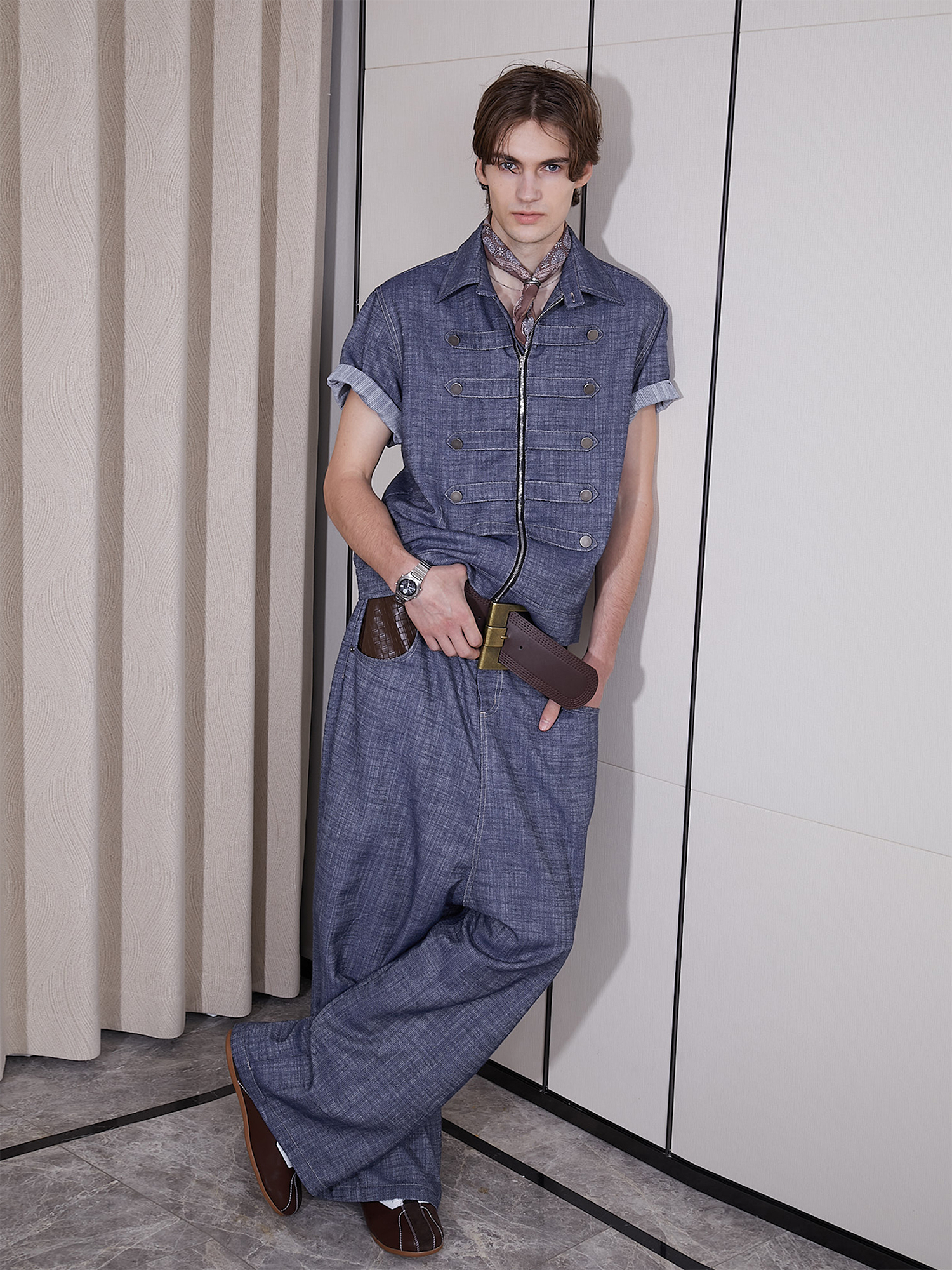 ASSEEN Linen-Blend Coin Button Denim Half Shirt-Half shirt-S-Free Shipping Leatheretro