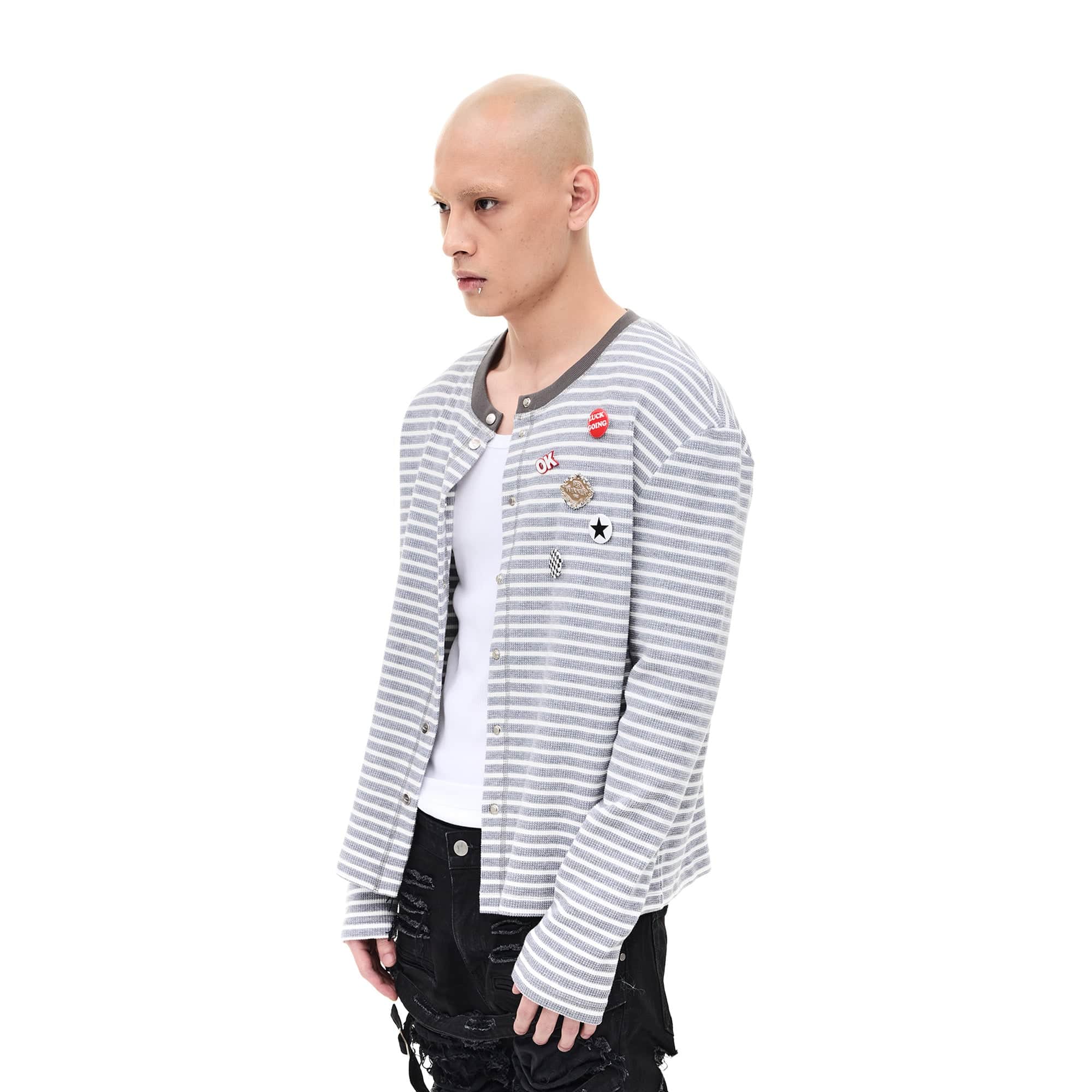 WHISTLEHUNTER Striped Badge Snap Slim Cardigan-Sweater-S-Gray-Free Shipping Leatheretro