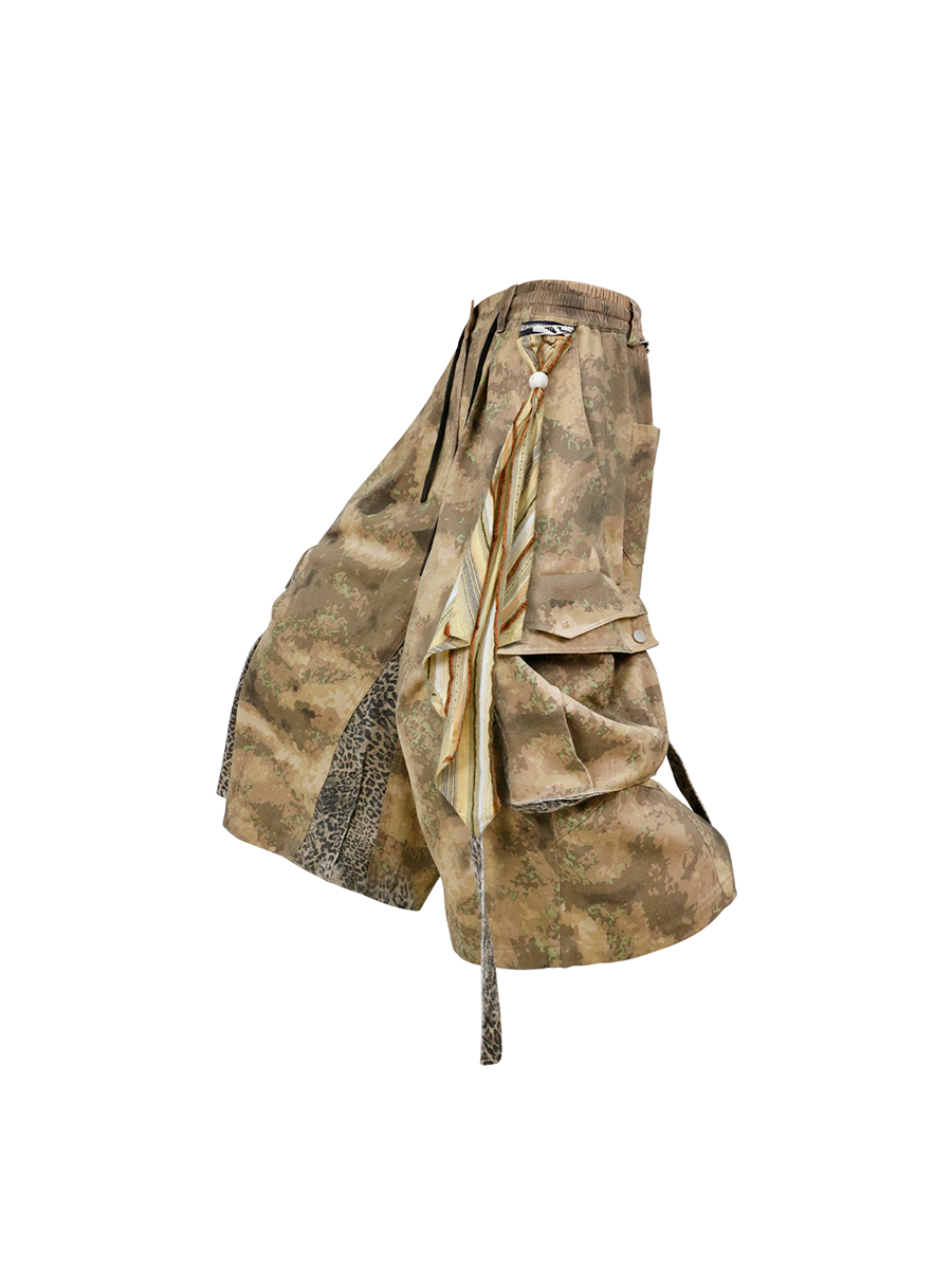 RELABEL Detachable Scarf Camo Leopard Panel Oversized Shorts-Shorts-XS-Free Shipping Leatheretro