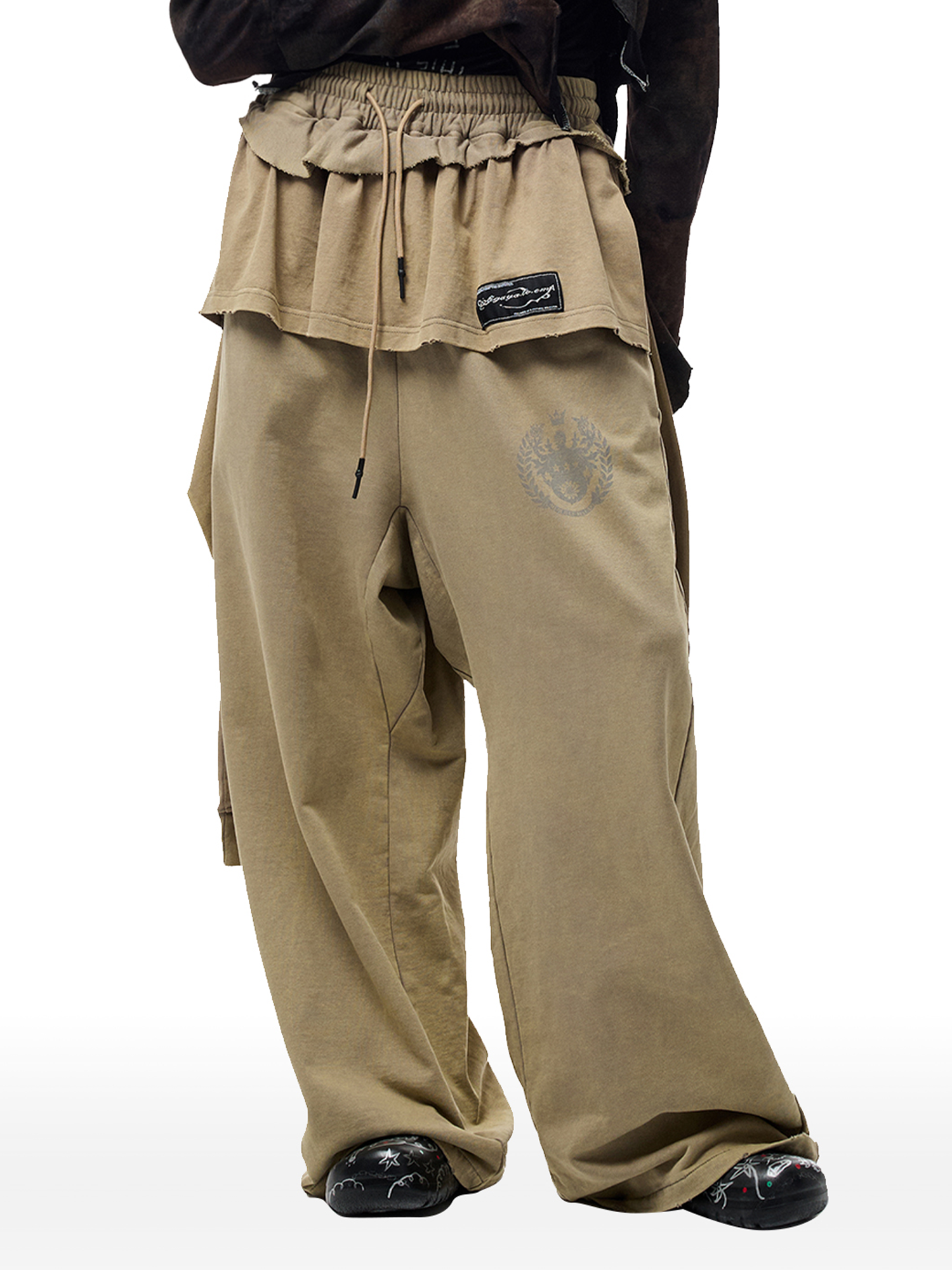CYCYCY Layered Raw Edge Wide-Leg Sweatpants Khaki-Pants-S / 23"-Free Shipping Leatheretro