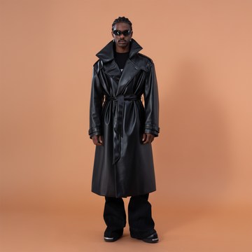 CLP Glossy Faux Leather Belted Trench Coat-Jacket-M-Free Shipping Leatheretro