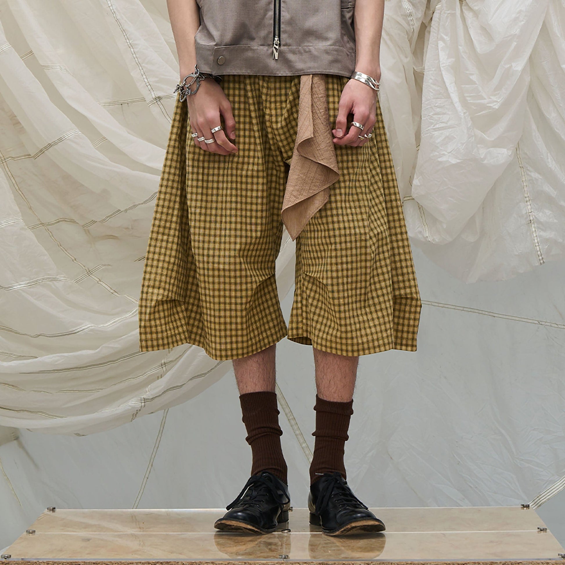 RELABEL Detachable Scarf Grid Pleated Shorts-Shorts-XS-Yellow-Free Shipping Leatheretro