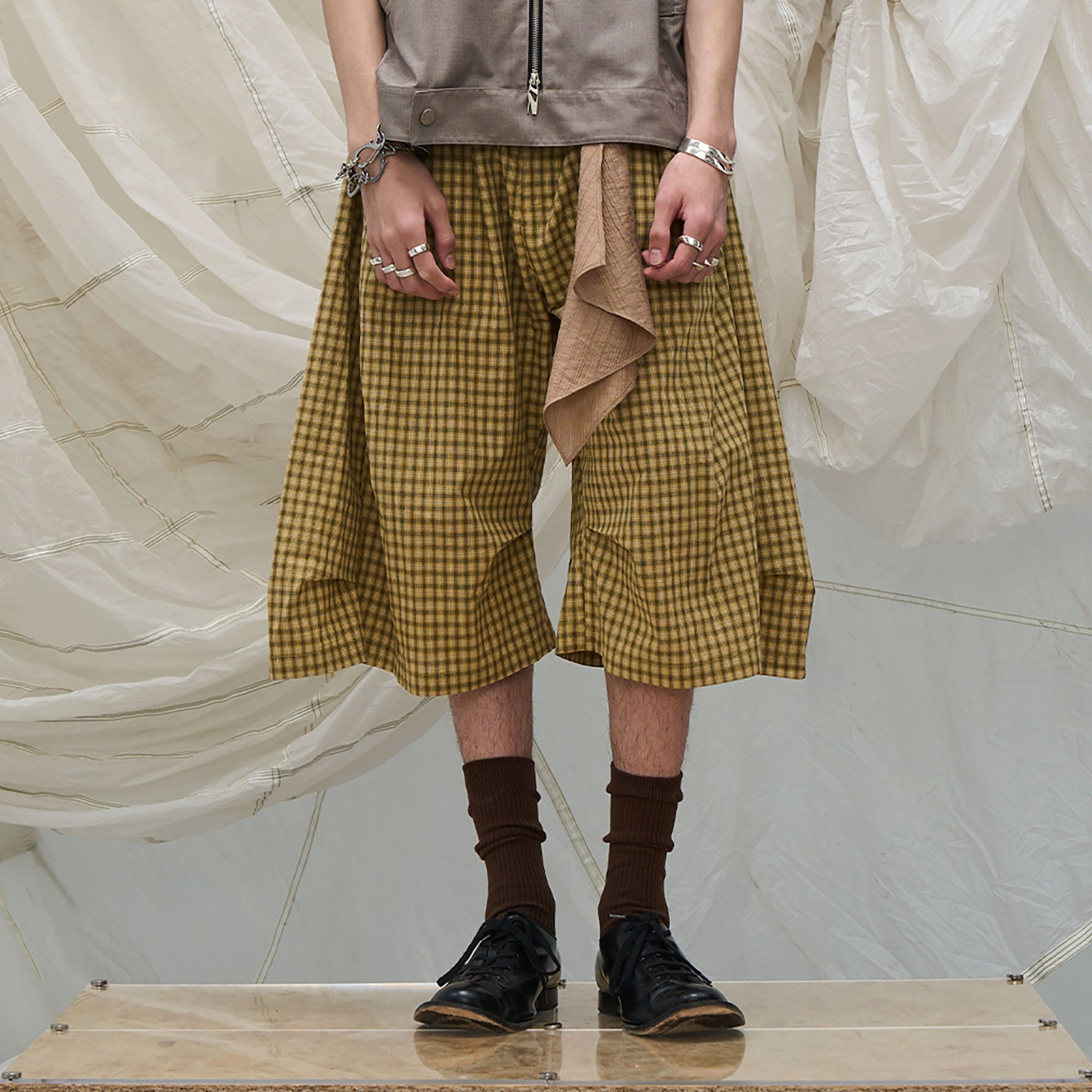 RELABEL Detachable Scarf Grid Pleated Shorts-Shorts-XS-Yellow-Free Shipping Leatheretro