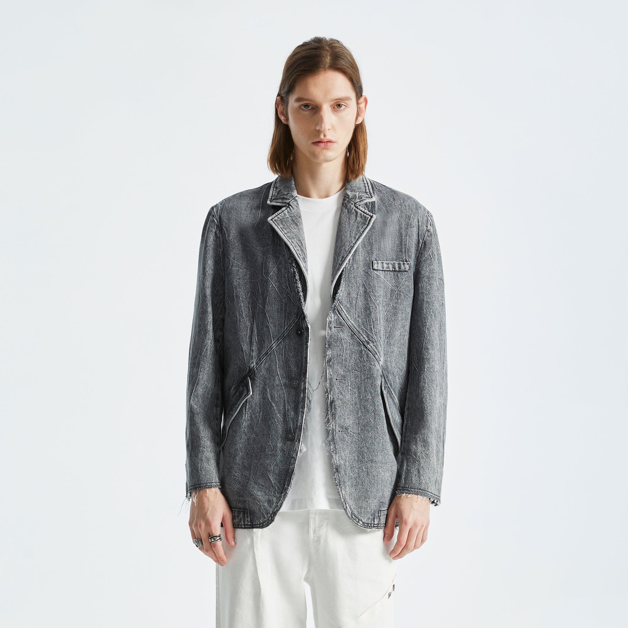 ORGANIC EMOTION Deconstructed Washed Detachable Collar Denim Blazer-Jacket-M-Free Shipping Leatheretro