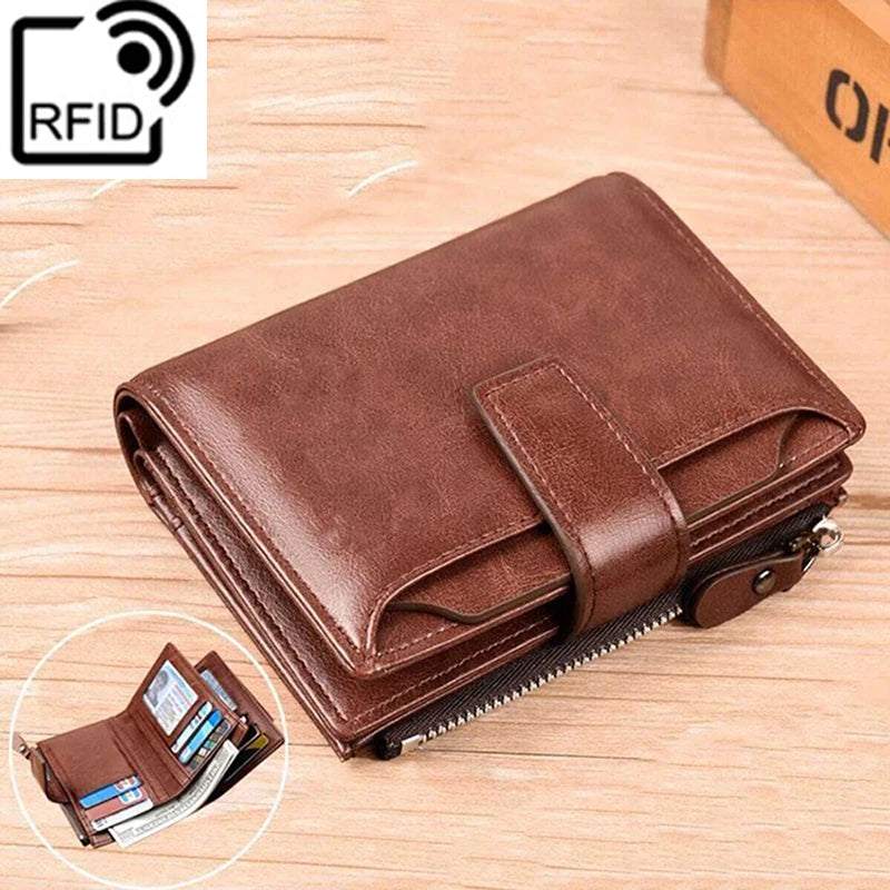 RFID Anti-theft Zipper Coin Wallet - Man Business Card Holder-Wallets & Money Clips-Black-Free Shipping Leatheretro