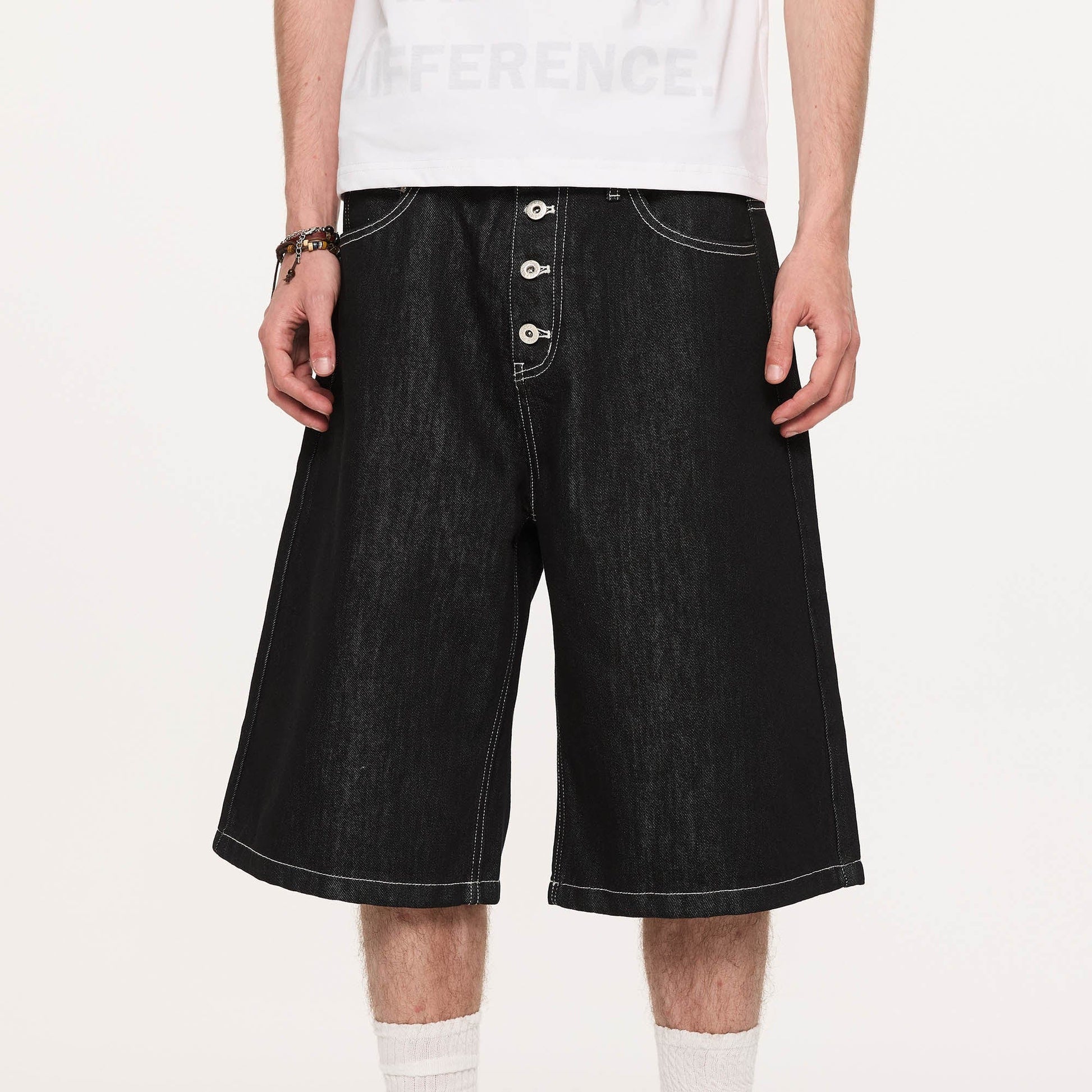 KREATE Essential Button-Up Stitched Denim Shorts-Shorts-S-Black-Free Shipping Leatheretro