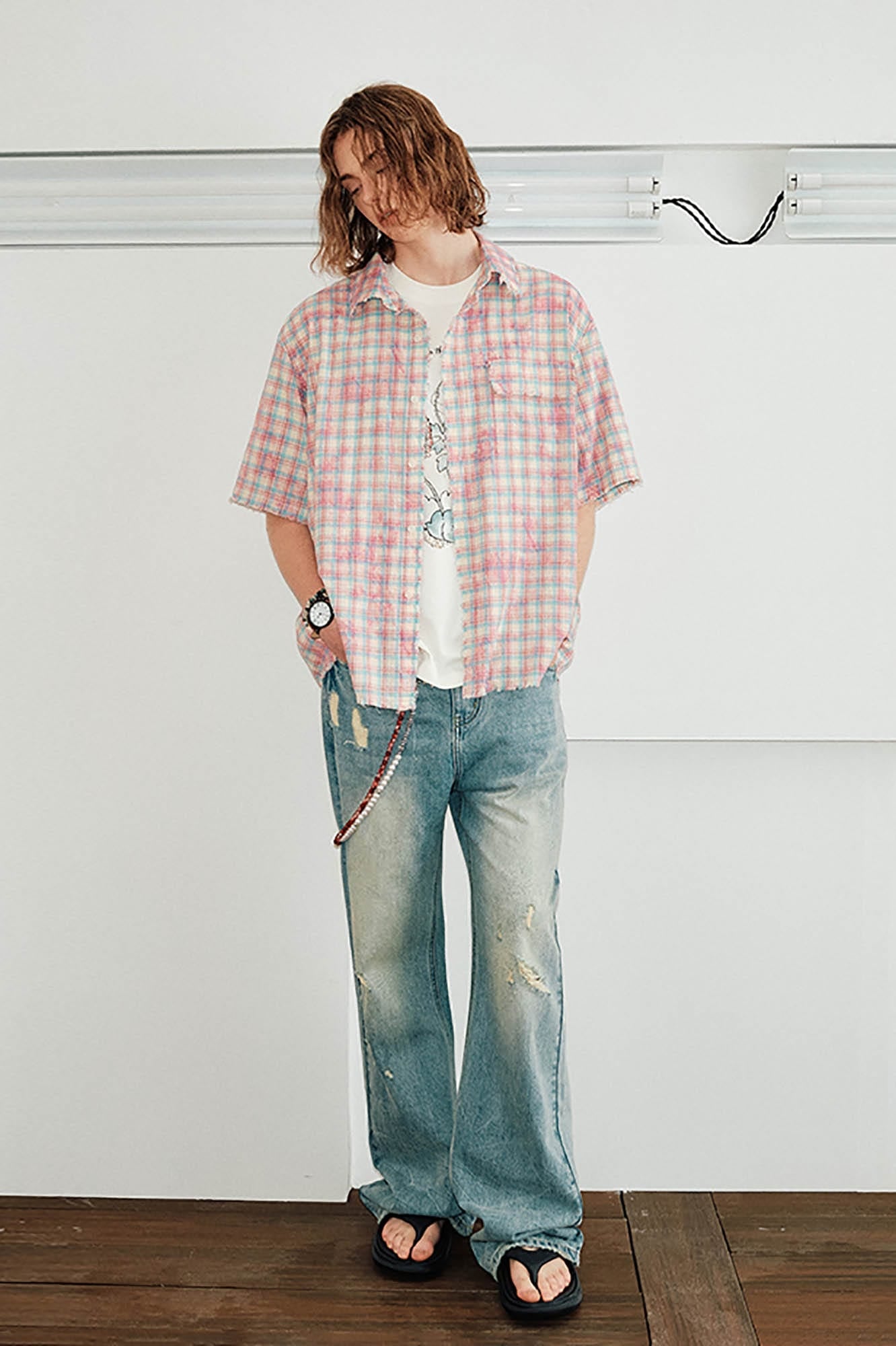 KREATE Frayed Tie-Dye Plaid Half Shirt-Half shirt-S-Pink-Free Shipping Leatheretro