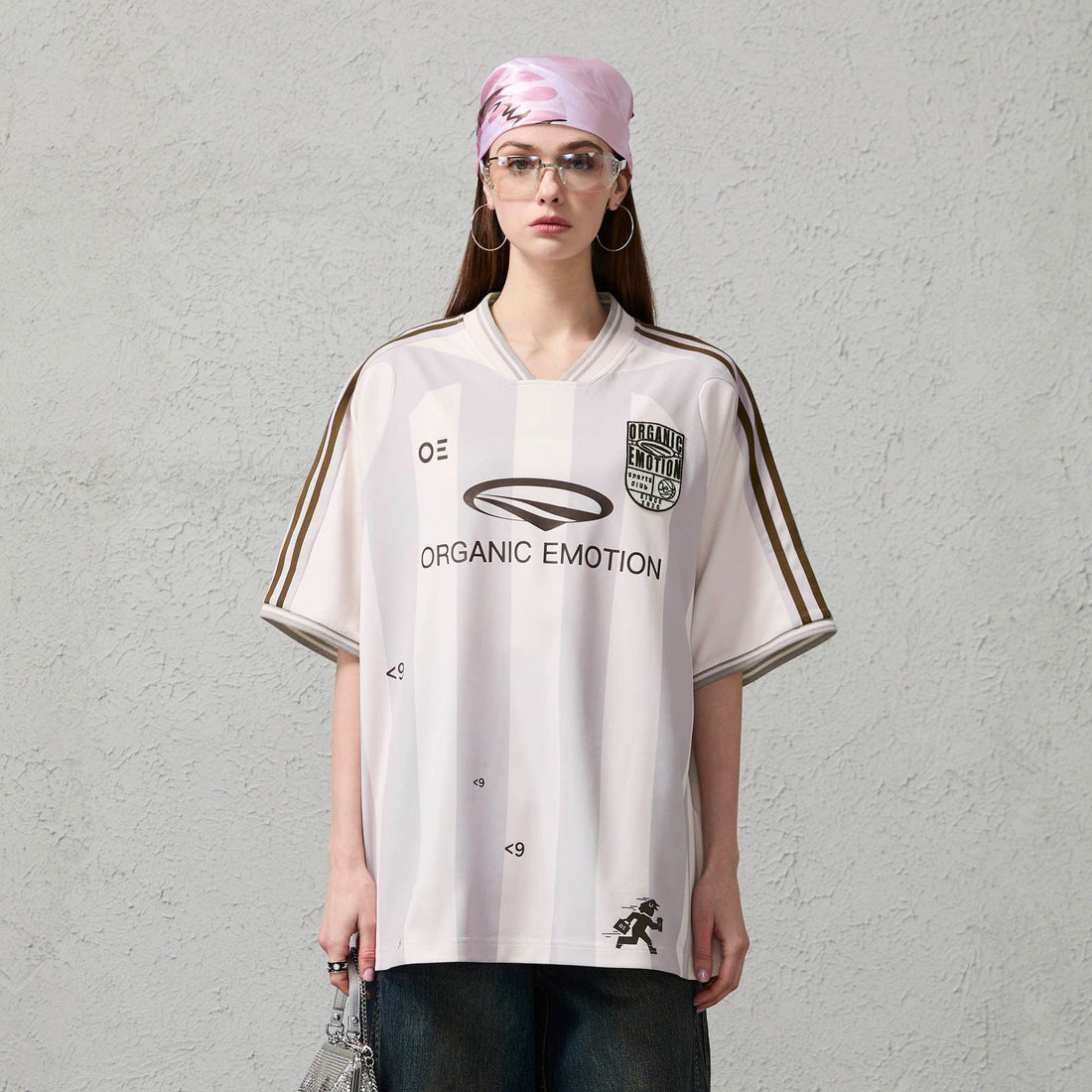 ORGANIC EMOTION Striped Badge Graphics Soccer Jersey-T Shirt-S-Gray-Free Shipping Leatheretro