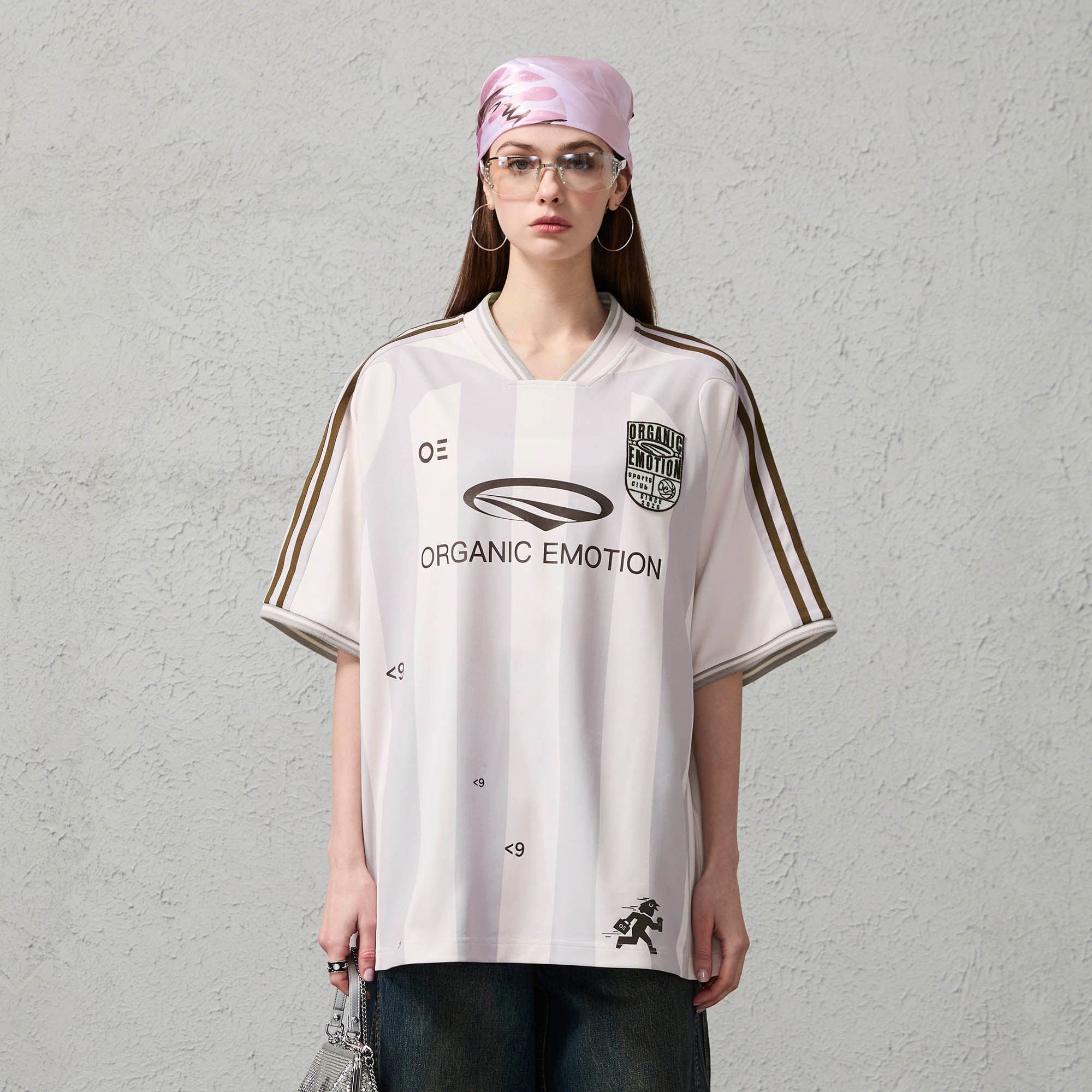 ORGANIC EMOTION Striped Badge Graphics Soccer Jersey-T Shirt-S-Pink-Free Shipping Leatheretro