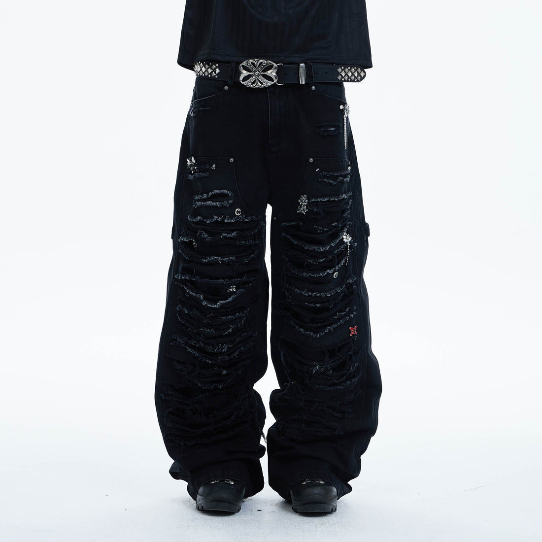 DND4DES Shredded Rivet-Paneled Baggy Jeans-Jeans-XS-Free Shipping Leatheretro