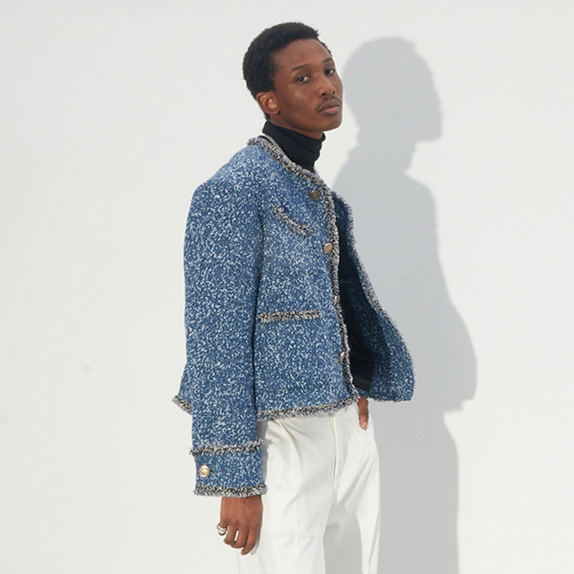 ASSEEN Washed Fringe Tweed Denim Jacket-Jacket-S-Free Shipping Leatheretro