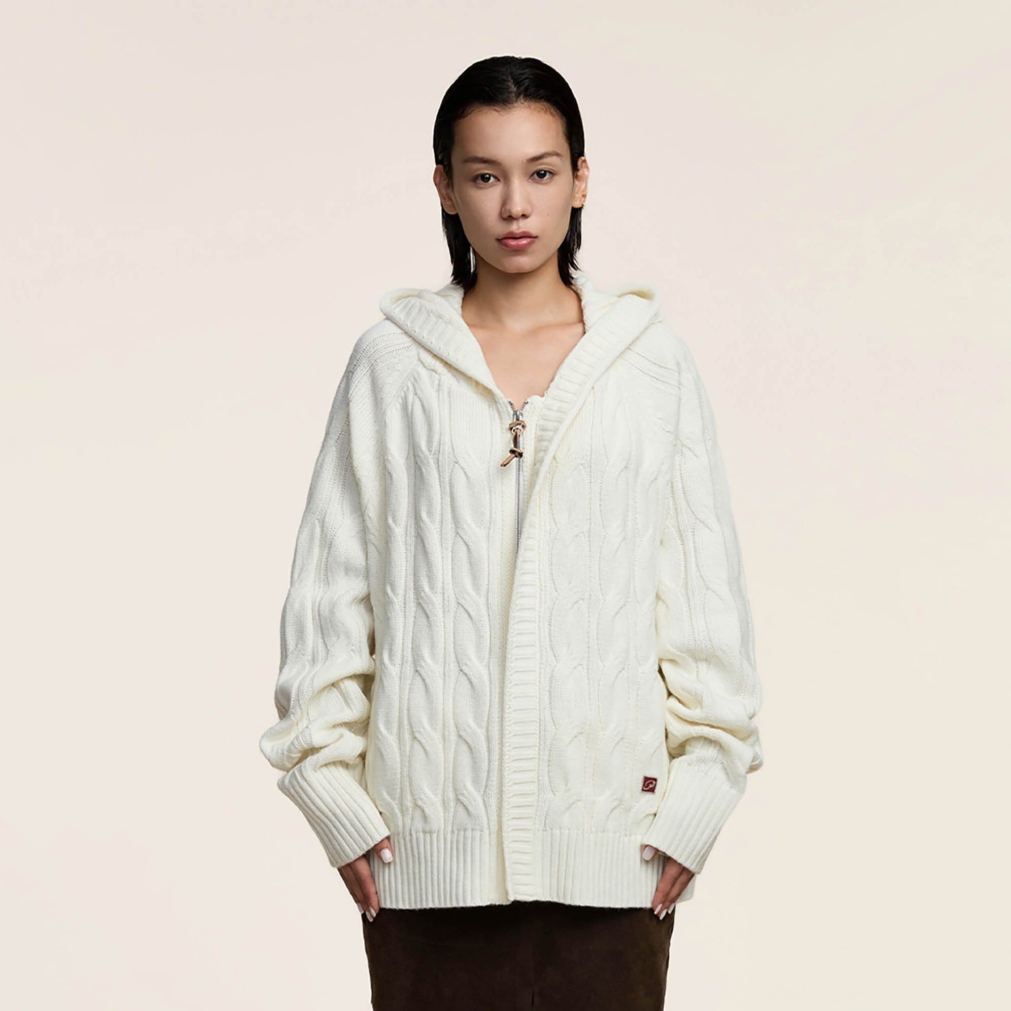 OPICLOTH Cable-Knit Zip-Up Hooded Cardigan-Jacket-XS-White-Free Shipping Leatheretro