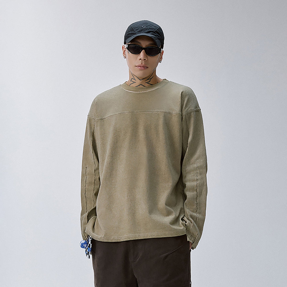 F2CE Distressed Panel-Stitched Long-Sleeve Tee-L/S Tee-S-Free Shipping Leatheretro