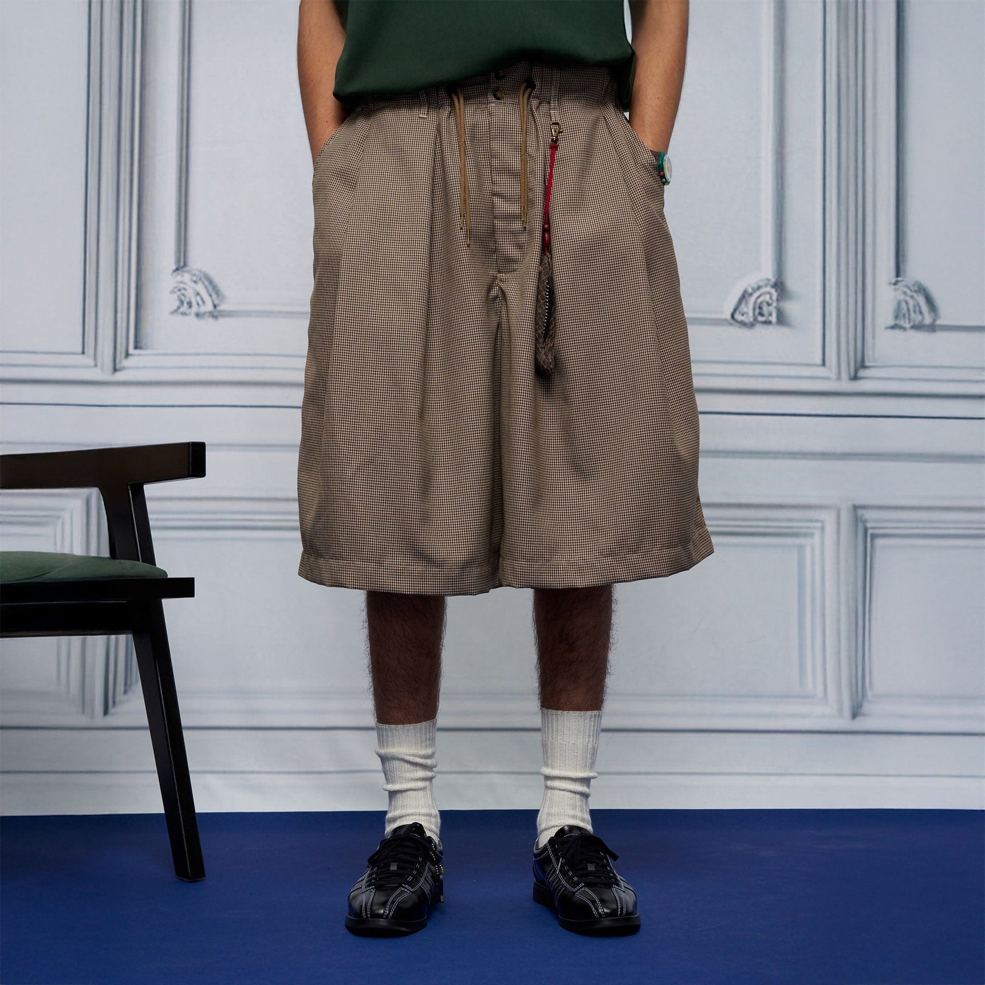 UNLIMITED MOTE Pleated Wide-Leg Drawstring Shorts Houndstooth-Shorts-S-Free Shipping Leatheretro